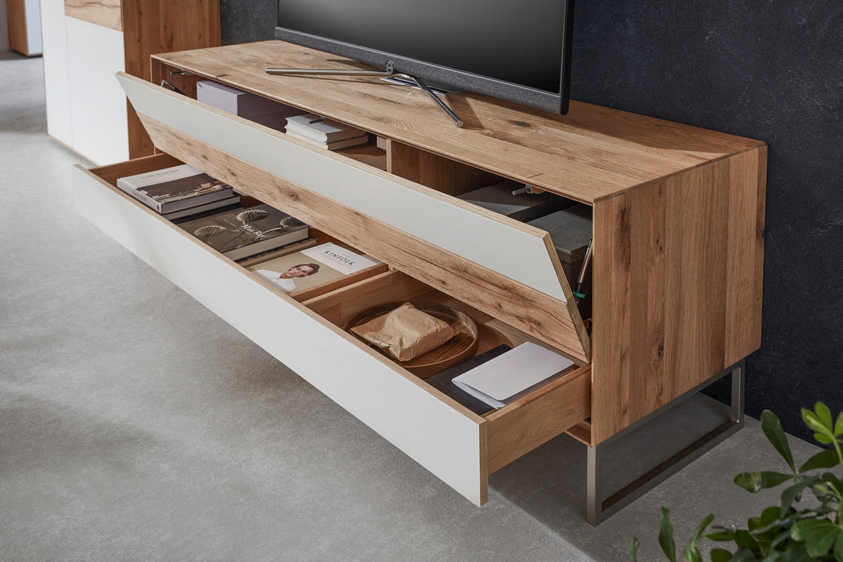 WOHNWAND Solida  in Weiß, Eichefarben  341/205,5/54,2 cm  - Eichefarben/Weiß, Design, Glas/Holz (341/205,5/54,2cm) - Valnatura