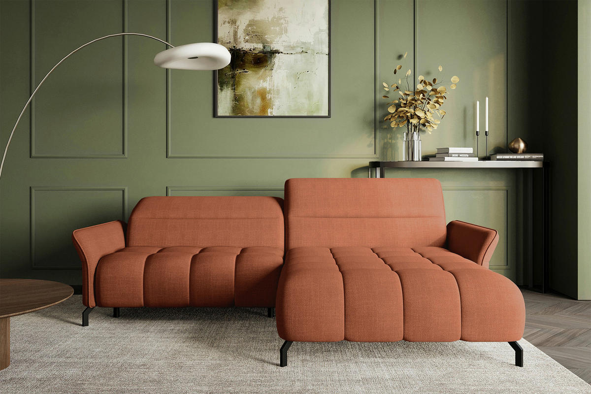 ECKSOFA Rostfarben Flachgewebe Rücken echt, Kopfteilverstellung, Sitztiefenverstellung  - Rostfarben/Schwarz, KONVENTIONELL, Textil/Metall (272/175cm) - Carryhome