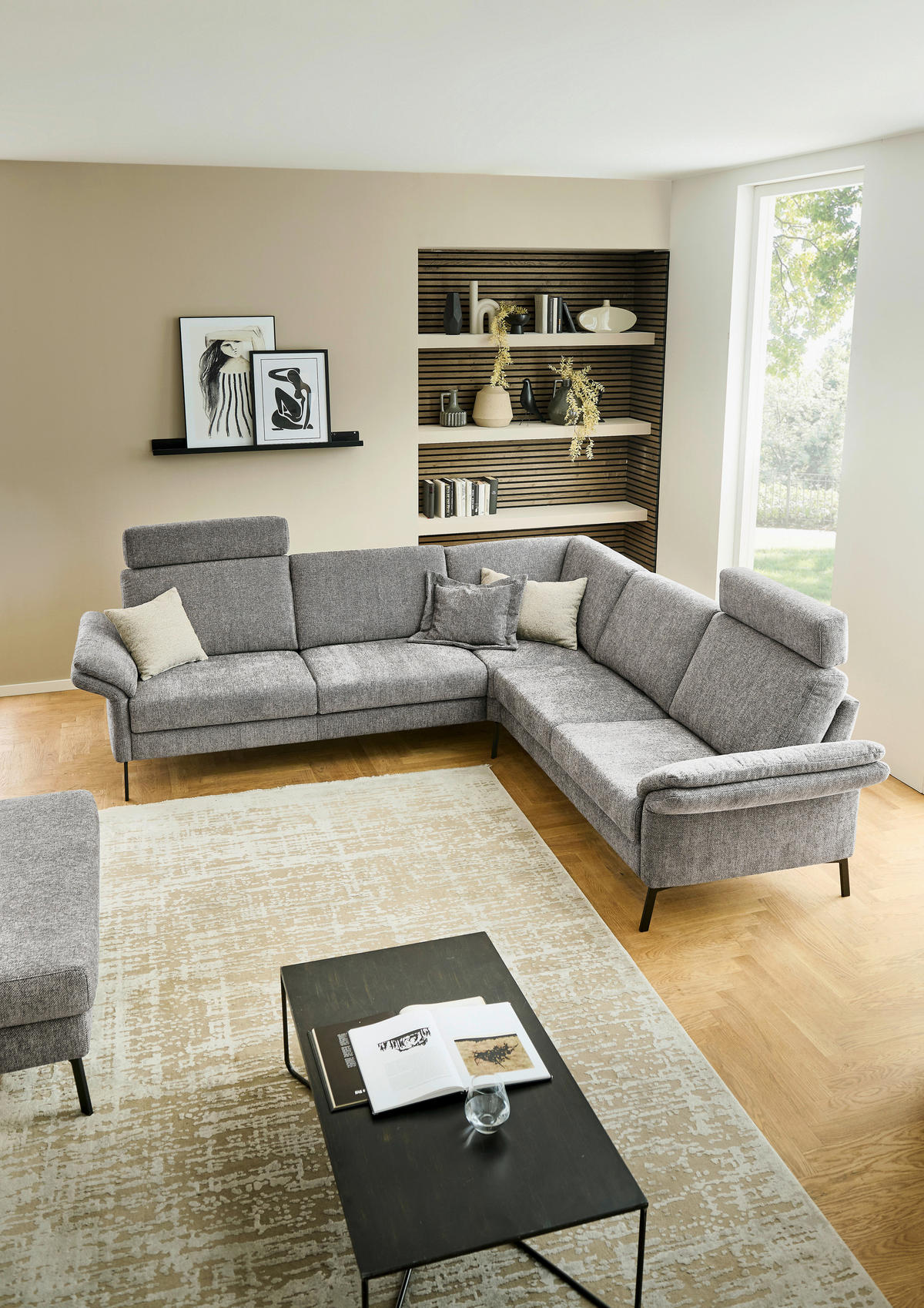 ECKSOFA Platinfarben Flachgewebe  - Platinfarben/Schwarz, KONVENTIONELL, Textil/Metall (273/253cm) - Pure Home Comfort