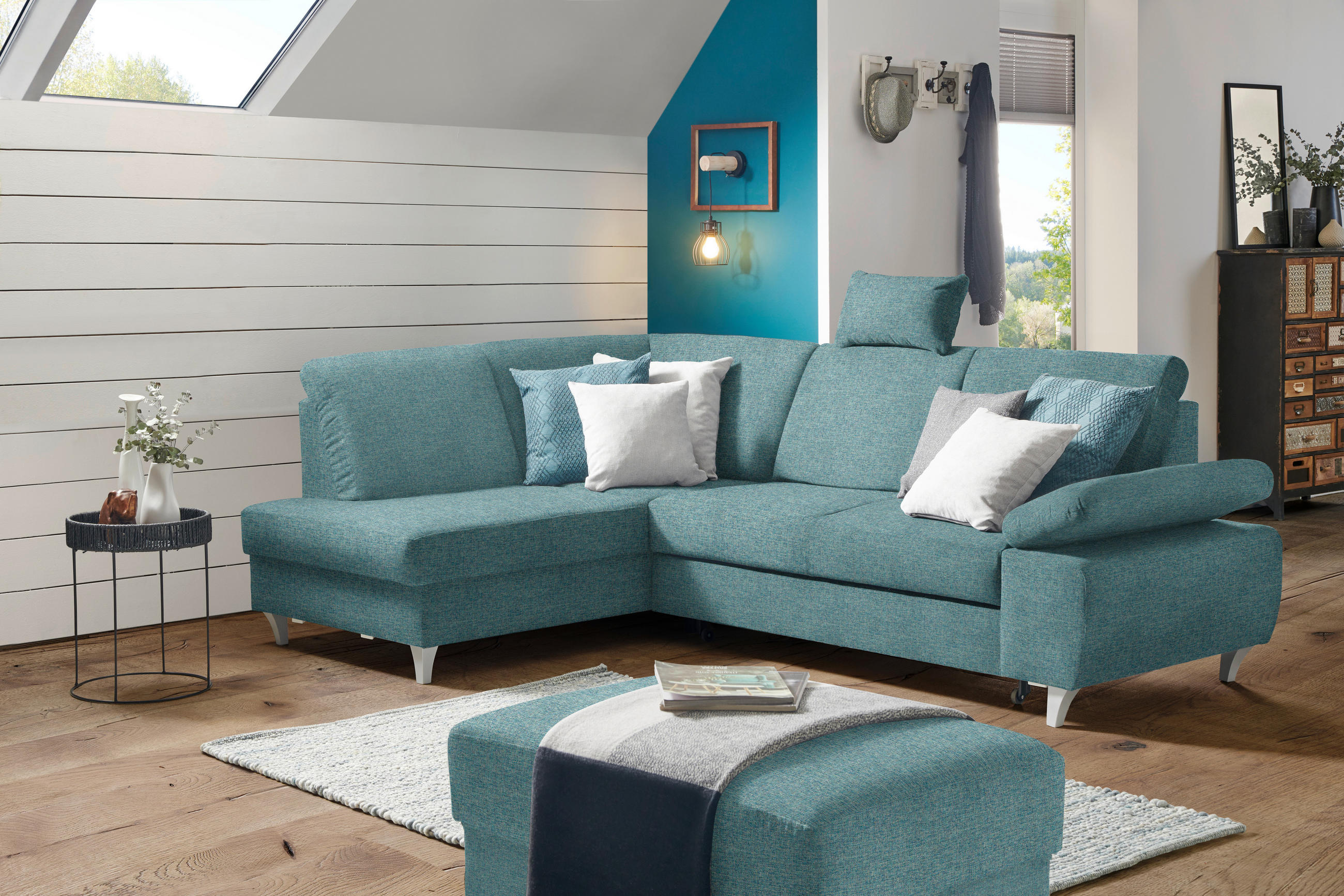 ECKSOFA in Flachgewebe Türkis  - Türkis/Silberfarben, Konventionell, Holz/Textil (186/255cm) - Cantus