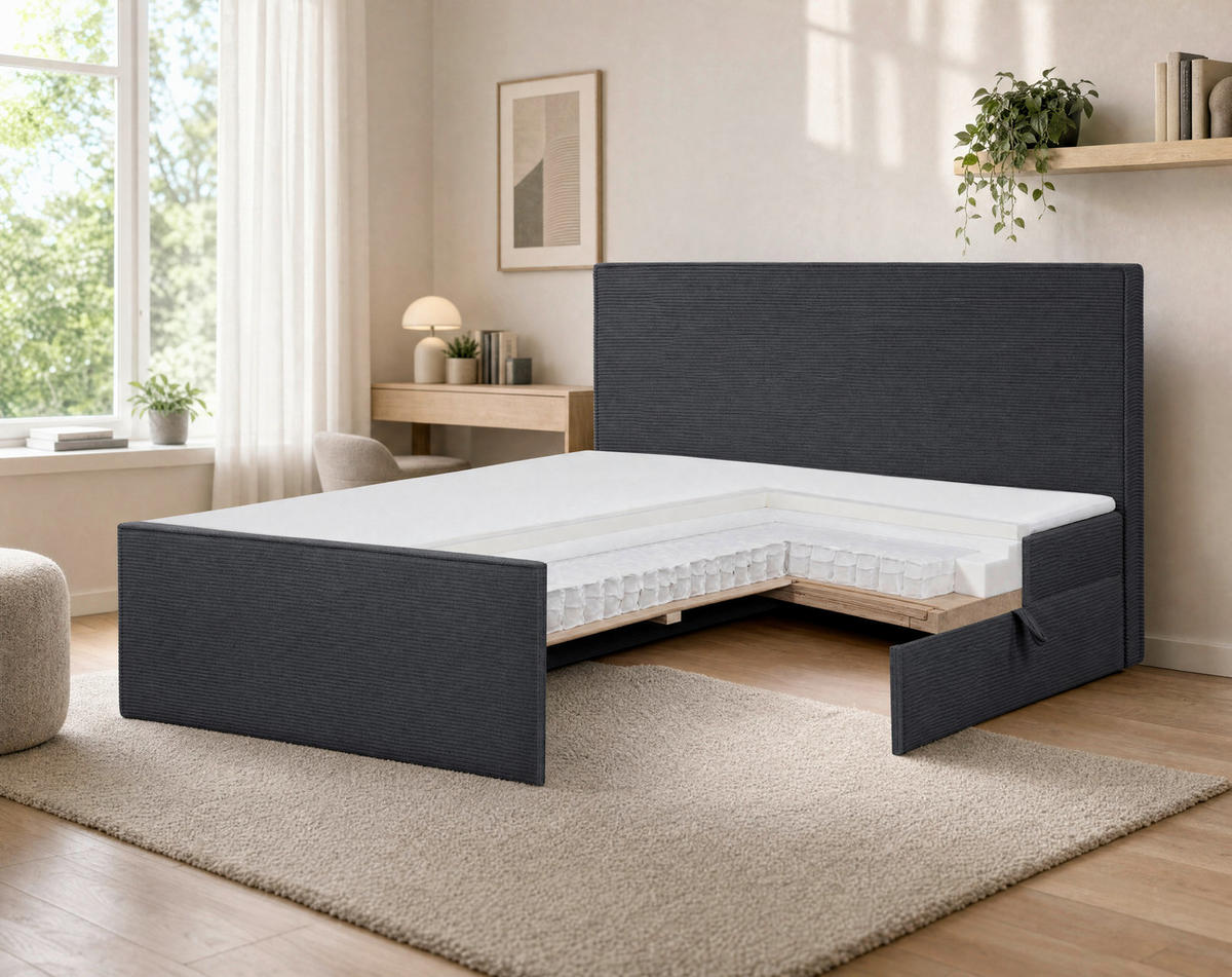 BOXBETT 180/200 cm,  in Anthrazit, gepolstertes Kopfteil, Bettkasten, Topper, Matratzen, H3 + H3 = fest  - Anthrazit/Schwarz, Basics, Kunststoff/Textil (180/200cm) - Chameo