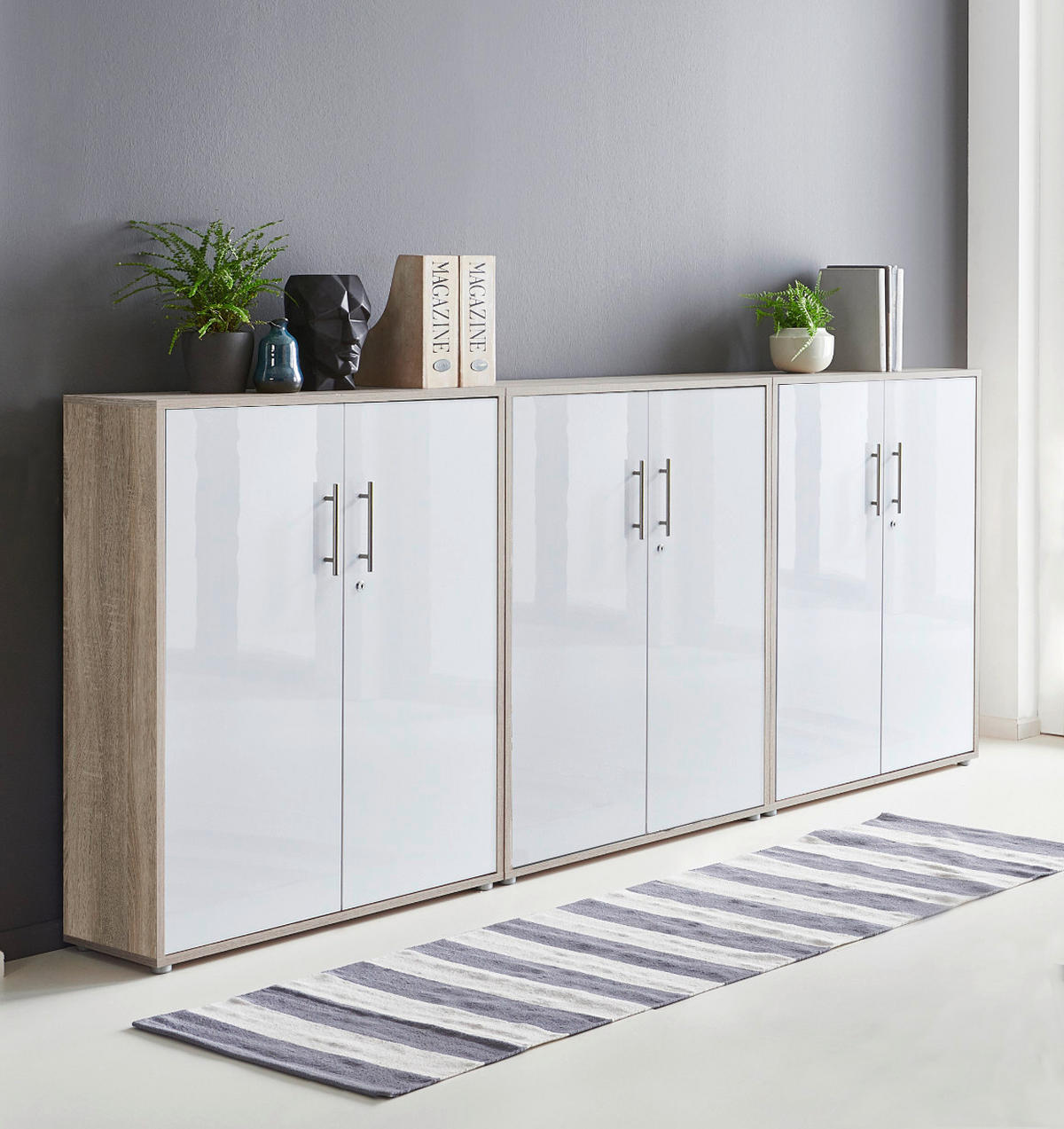 AKTENSCHRANK Sonoma Eiche, Weiß Hochglanz  - Weiß Hochglanz/Sonoma Eiche, MODERN, Holzwerkstoff (253,2/113,6/33cm) - MID.YOU