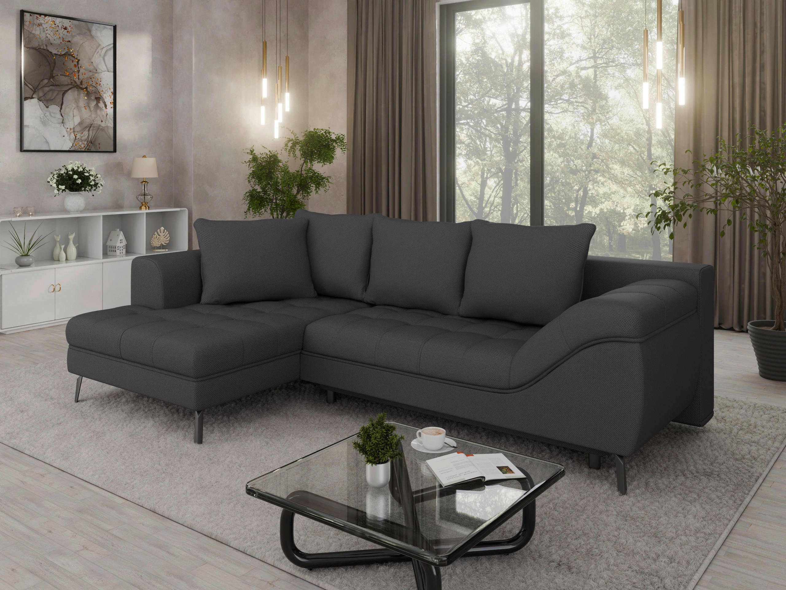 Ecksofa inkl. Funktionen Anthrazit Webstoff  - Anthrazit/Schwarz, MODERN, Holz/Textil (177/279cm) - Stylife