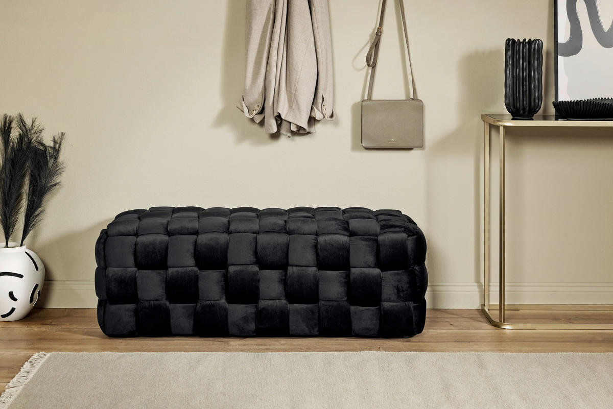 HOCKERBANK 118/43/50 cm Samt Schwarz Eukalyptusholz  - Schwarz, MODERN, Holz/Textil (118/43/50cm)