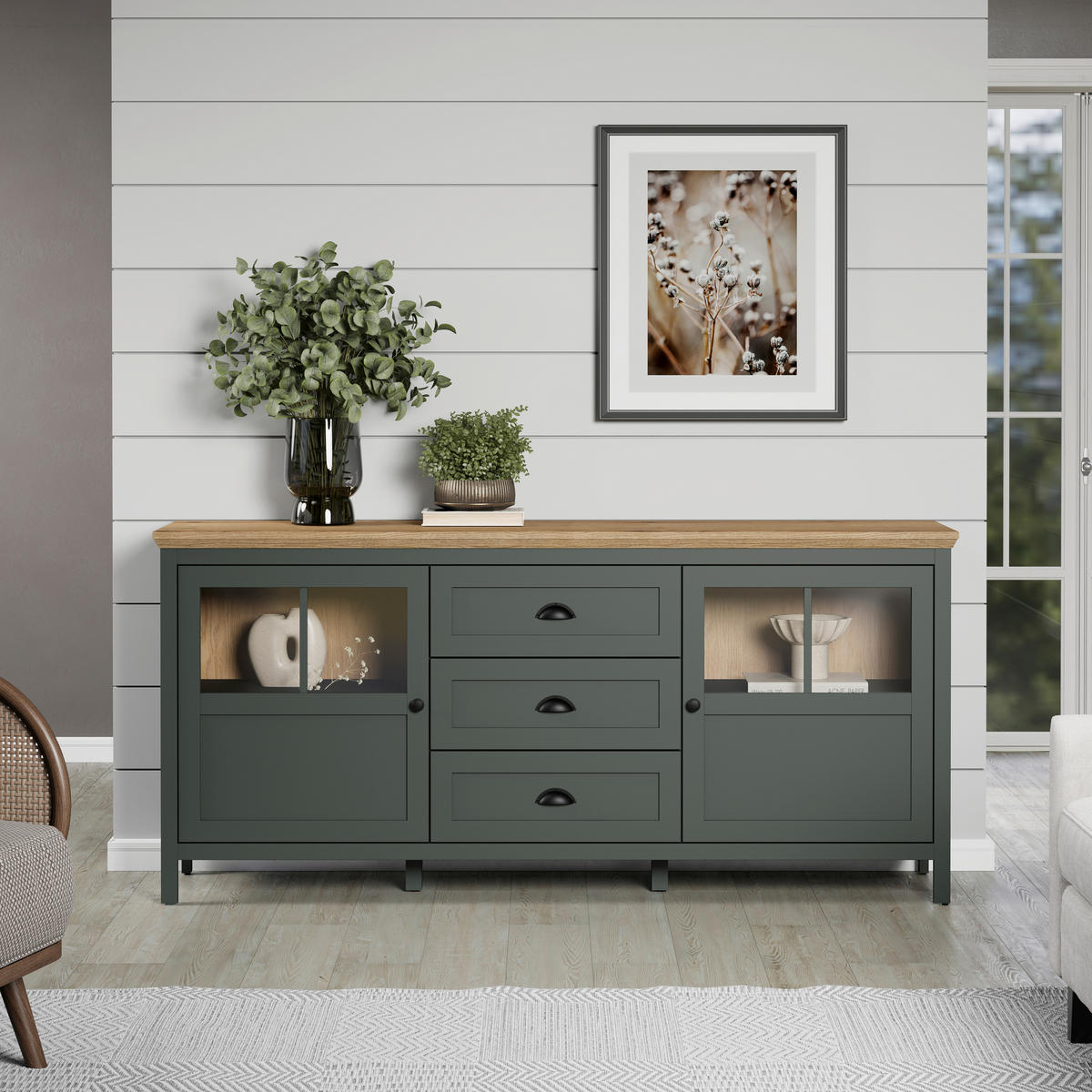 SIDEBOARD STANTON 185/86/45 cm 3 Schublade(n)  - Waldgrün/Schwarz, Design, Glas/Holzwerkstoff (185/86/45cm) - MID.YOU