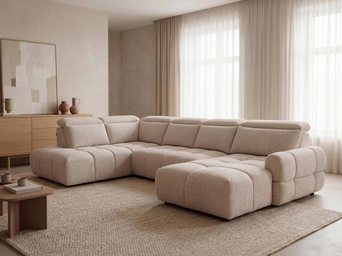 KOTNA SEDEŽNA GARNITURA, šenilja bež  - črna/bež, Design, umetna masa/tekstil (223/358/183cm) - Welnova