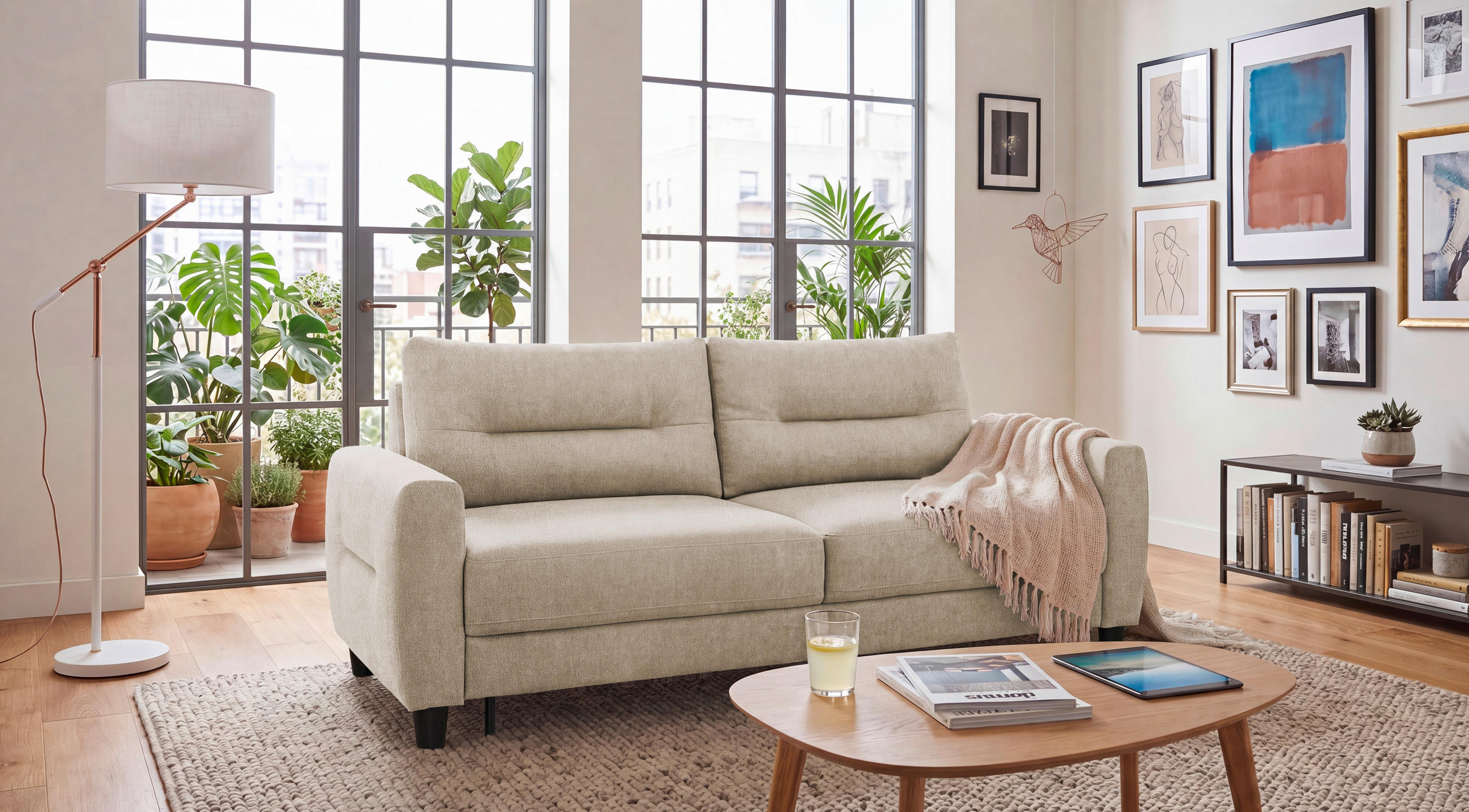 SCHLAFSOFA Webstoff Creme  - Creme/Schwarz, Modern, Holz/Textil (192/83/99cm) - MID.YOU