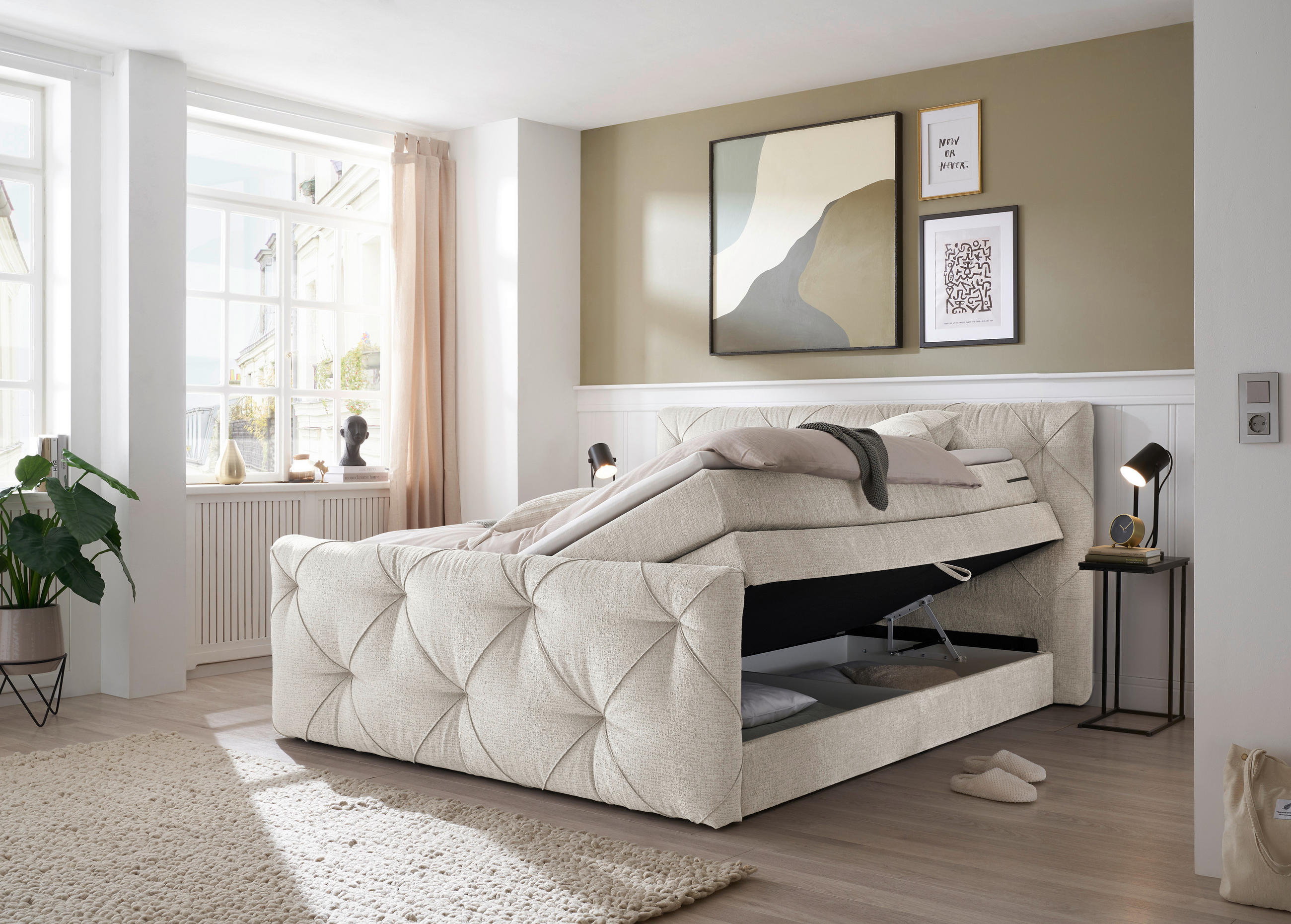 BOXSPRINGBETT 180/200 cm  in Creme  - Creme/Schwarz, Design, Holzwerkstoff/Kunststoff (180/200cm) - Boxxx
