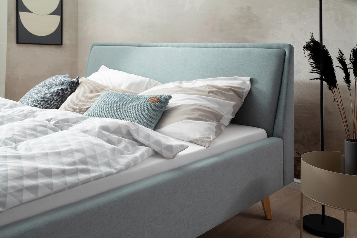 POLSTERBETT Hellblau 160/200 cm  - Eschefarben/Hellblau, KONVENTIONELL, Holz/Textil (160/200cm) - Livetastic