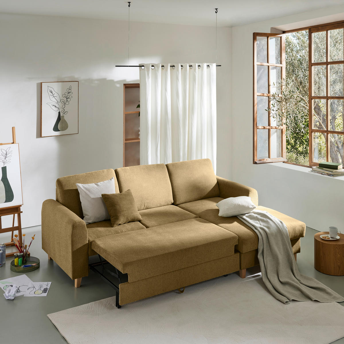 ECKSOFA Honig Flachgewebe  - Buchefarben/Honig, KONVENTIONELL, Holz/Textil (241/166cm) - Carryhome