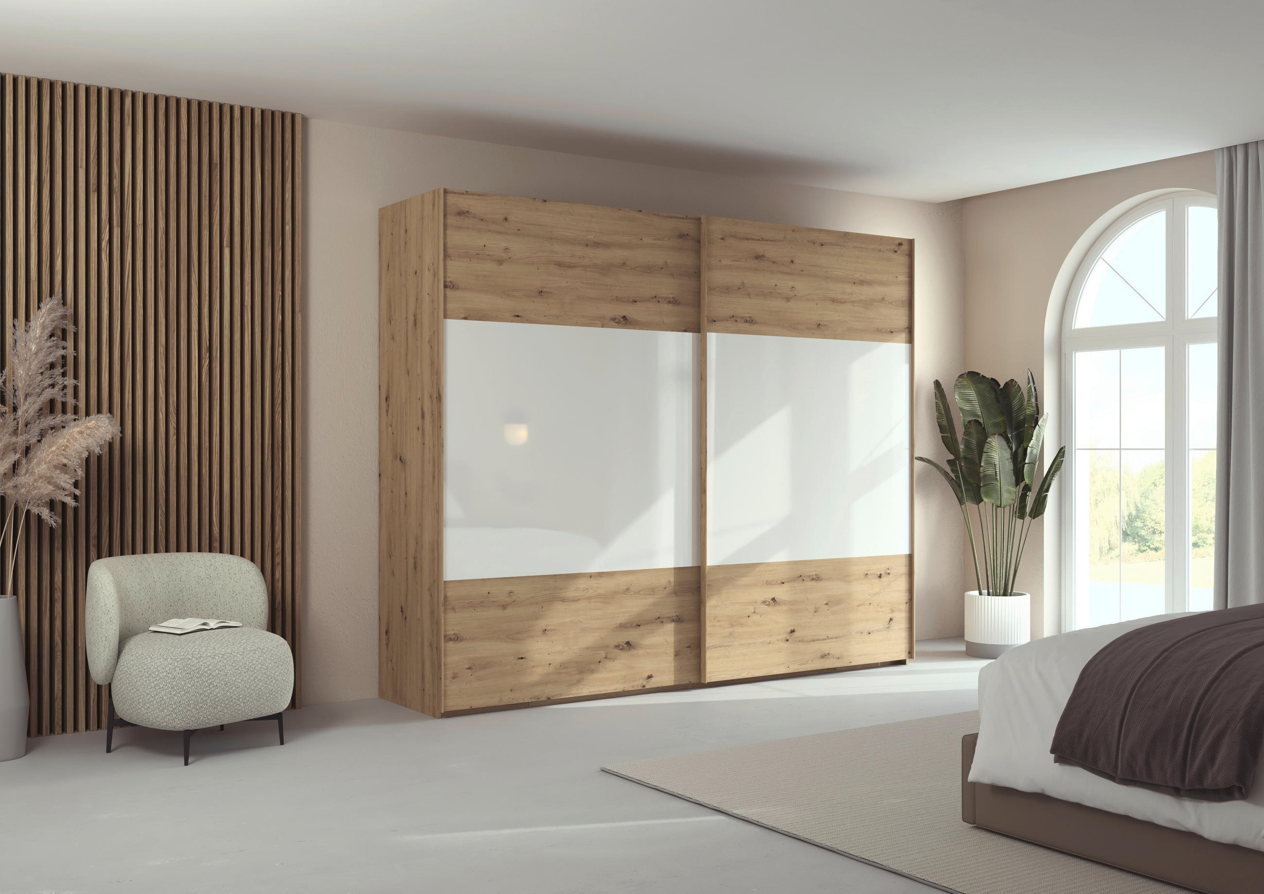 SCHWEBETÜRENSCHRANK - Eichefarben/Weiß, Design, Glas/Holzwerkstoff (271/223/68cm) - Xora