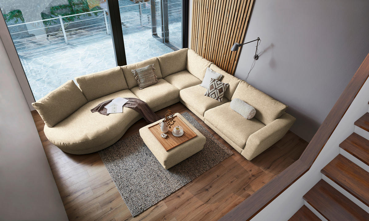 ECKSOFA in Flachgewebe Sandfarben  - Sandfarben/Schwarz, Design, Kunststoff/Textil (425/365cm) - Lomoco