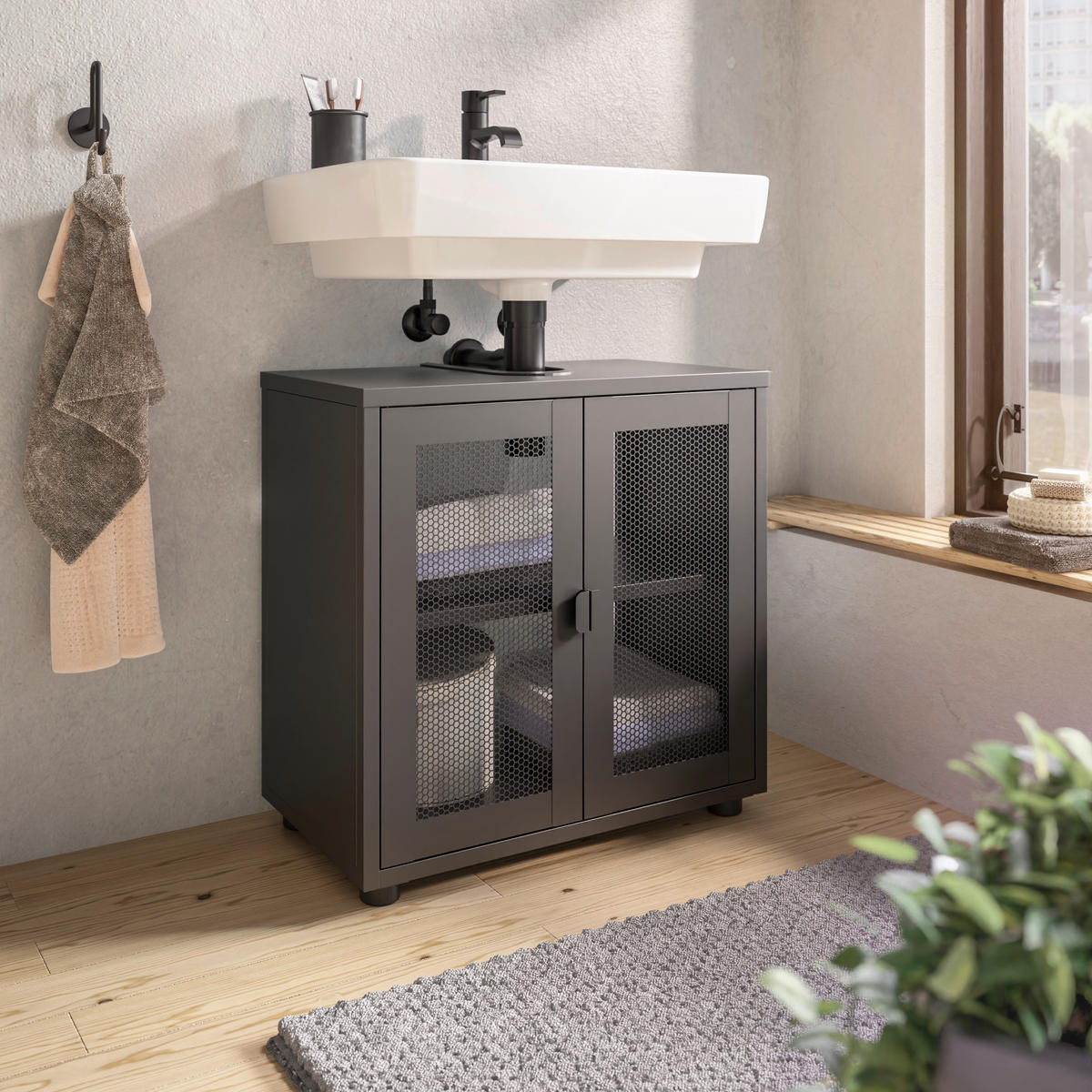 WASCHBECKENUNTERSCHRANK 60/60/33 cm  - Schwarz, Design, Kunststoff/Metall (60/60/33cm) - home24