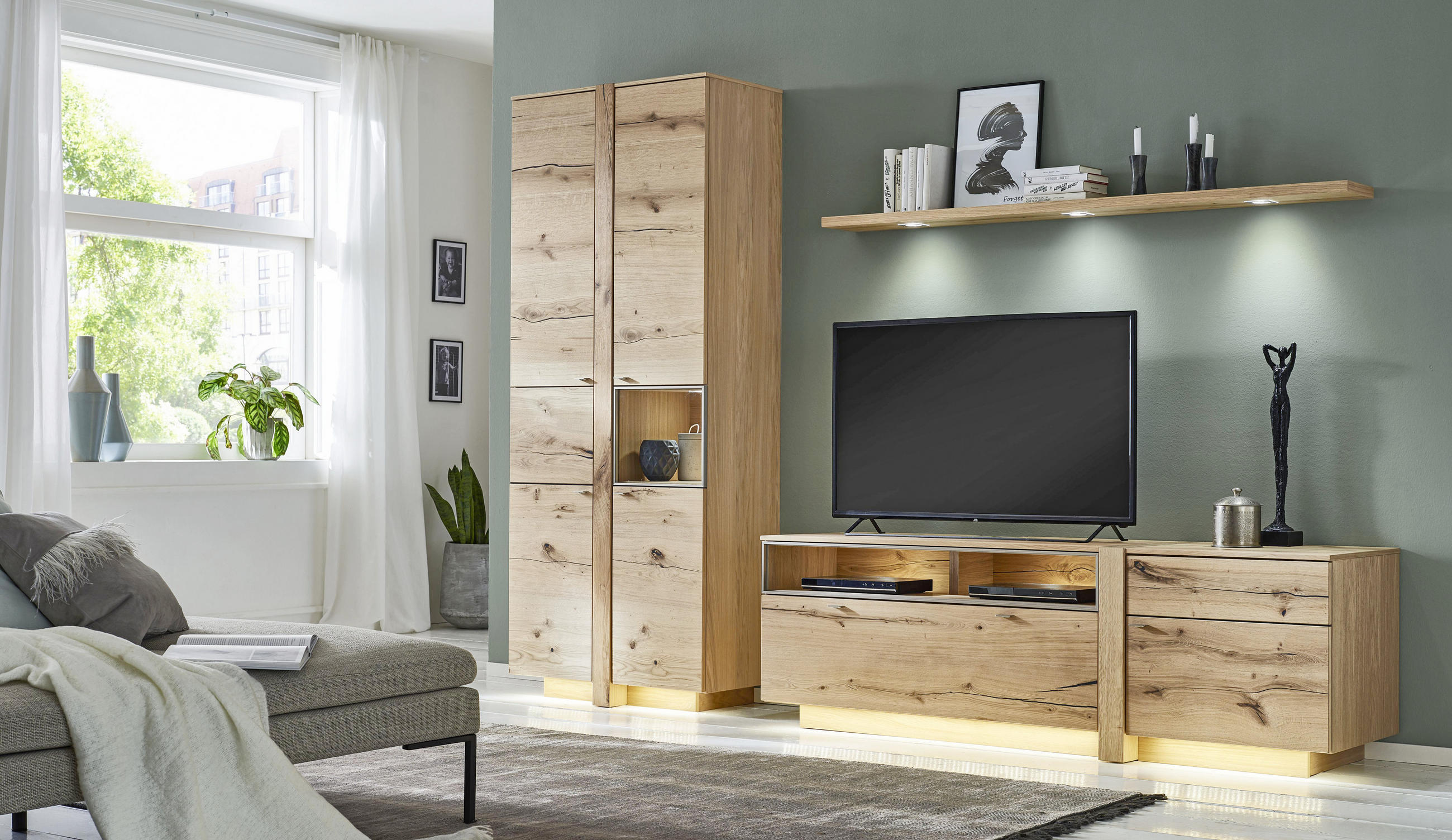 WOHNWAND  in Eichefarben 296/214/53 cm  - Eichefarben/Alufarben, Design, Glas/Holz (296/214/53cm) - Venjakob