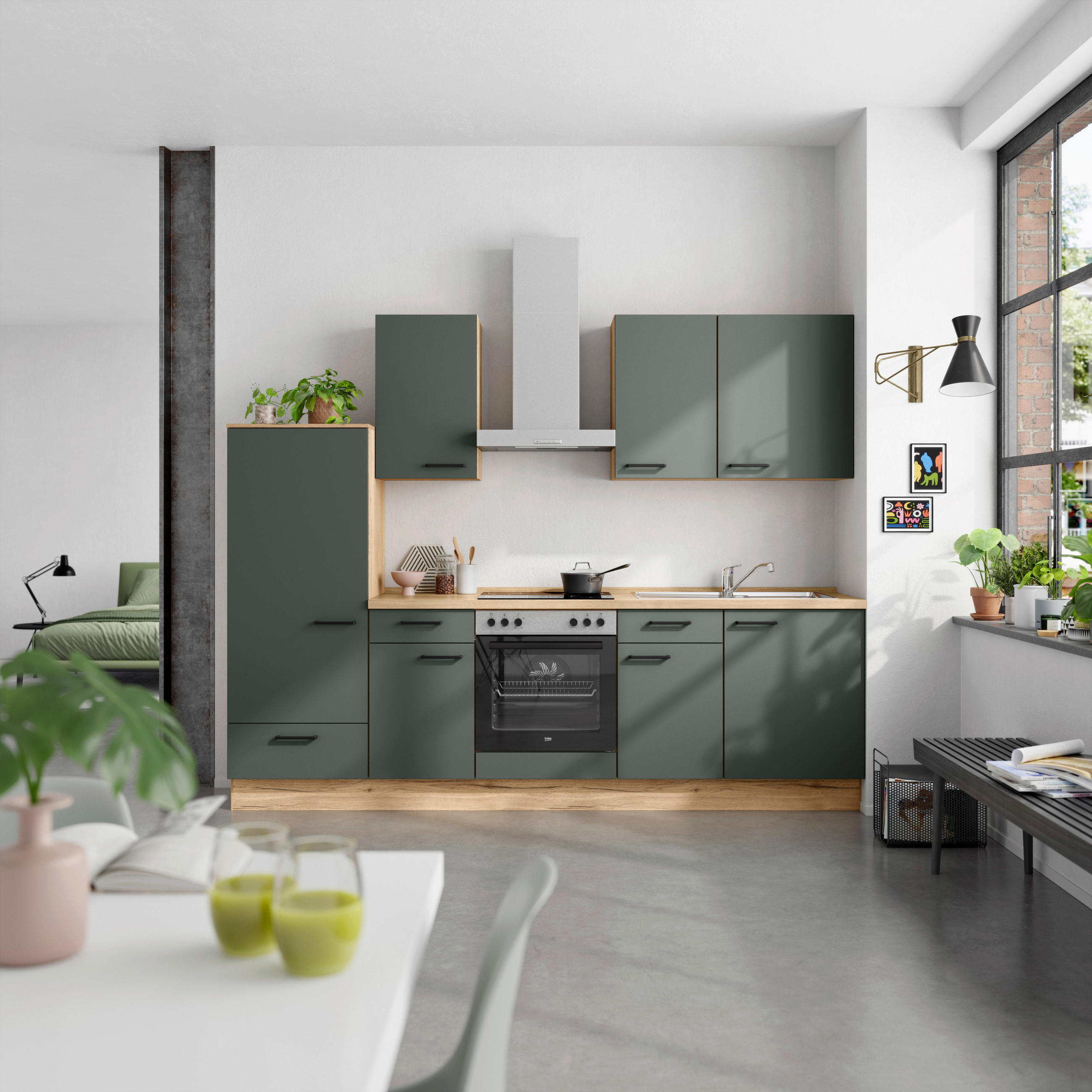 KÜCHENLEERBLOCK Easytouch 270 cm  in Eichefarben, Dunkelgrün  - Dunkelgrün/Eichefarben, MODERN, Holzwerkstoff/Metall (270cm) - Nobilia