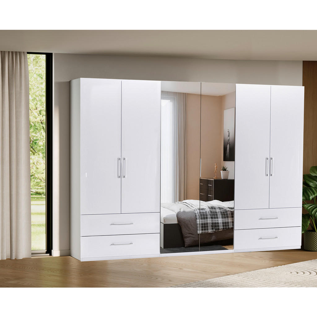 Thumbnail - Boxxx Kleiderschrank, Weiß, Weiß Hochglanz, Holzwerkstoff, 4 Fächer, 4 Schubladen, 269x211x55 cm, Schrankfront mit Spieg...