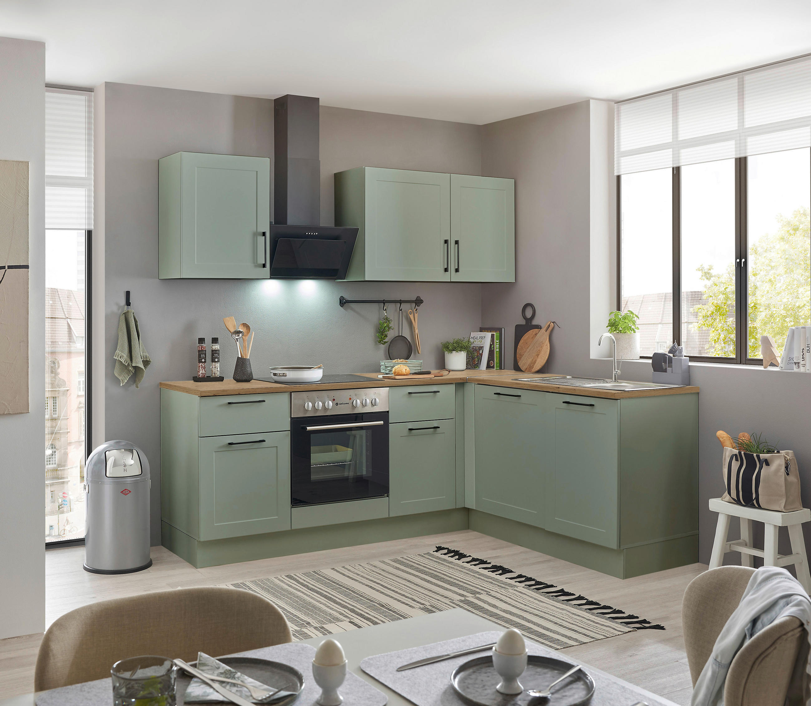 P & B Eckküche Marseille green2 Eiche Artisan, Grün 220x175 cm