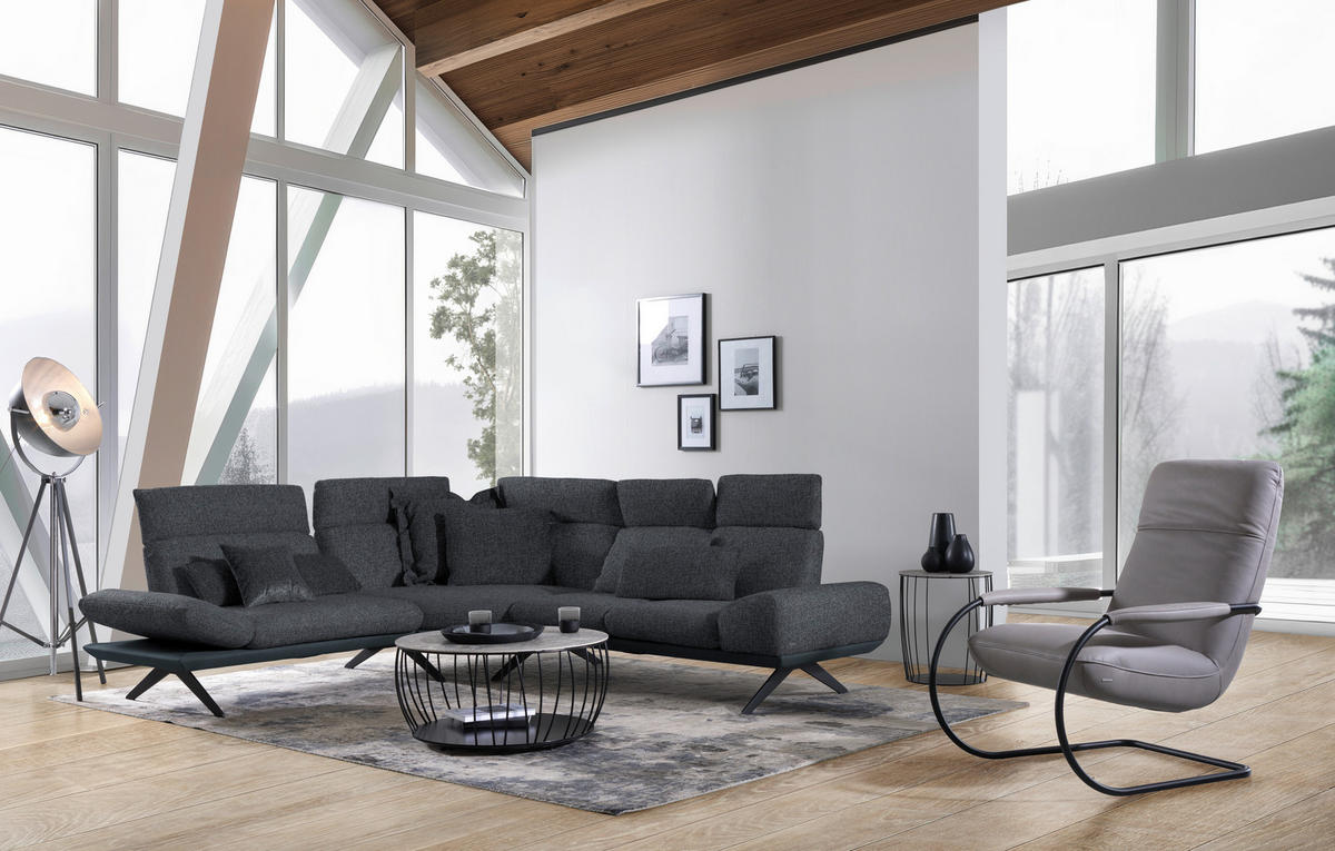 ECKSOFA Chenille, Flachgewebe Dunkelgrau  - Dunkelgrau/Schwarz, Design, Textil/Metall (239/270cm) - Koinor