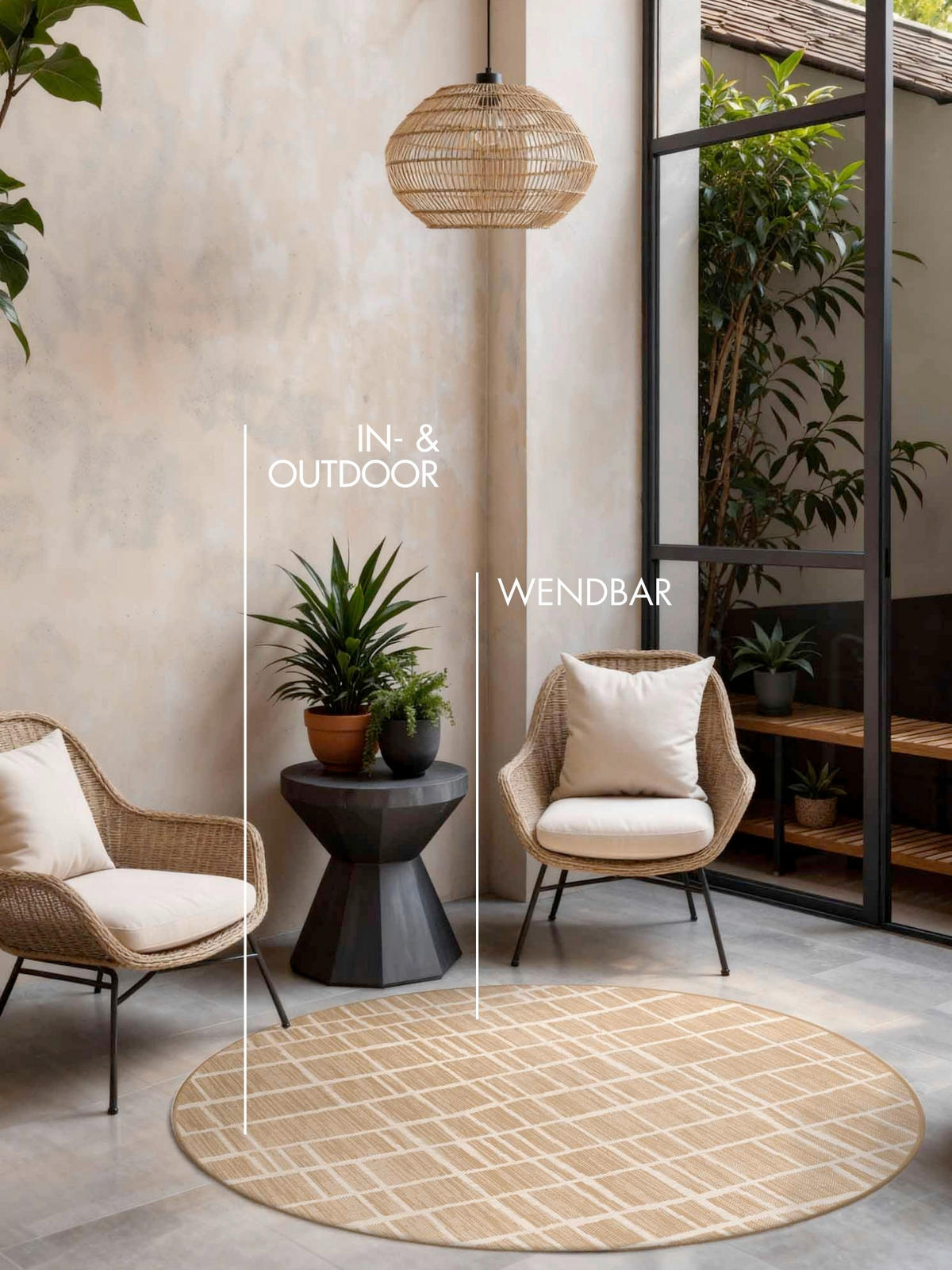 FLACHWEBETEPPICH 200 cm Haringey Weiß, Sandfarben rund  - Sandfarben/Weiß, Design, Kunststoff (200cm)