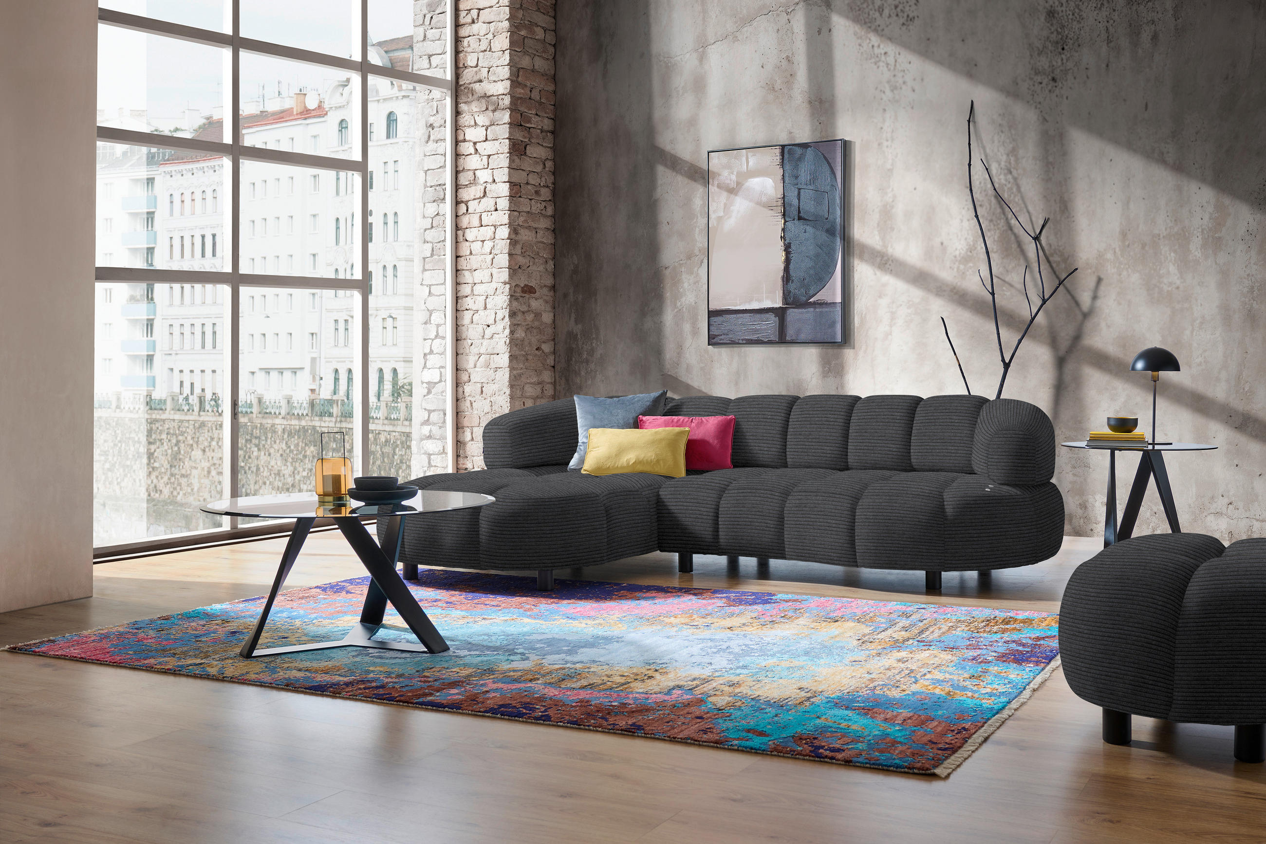 ECKSOFA in Cord, Velours Anthrazit  - Anthrazit/Schwarz, Design, Holz/Textil (183/284cm) - Welnova