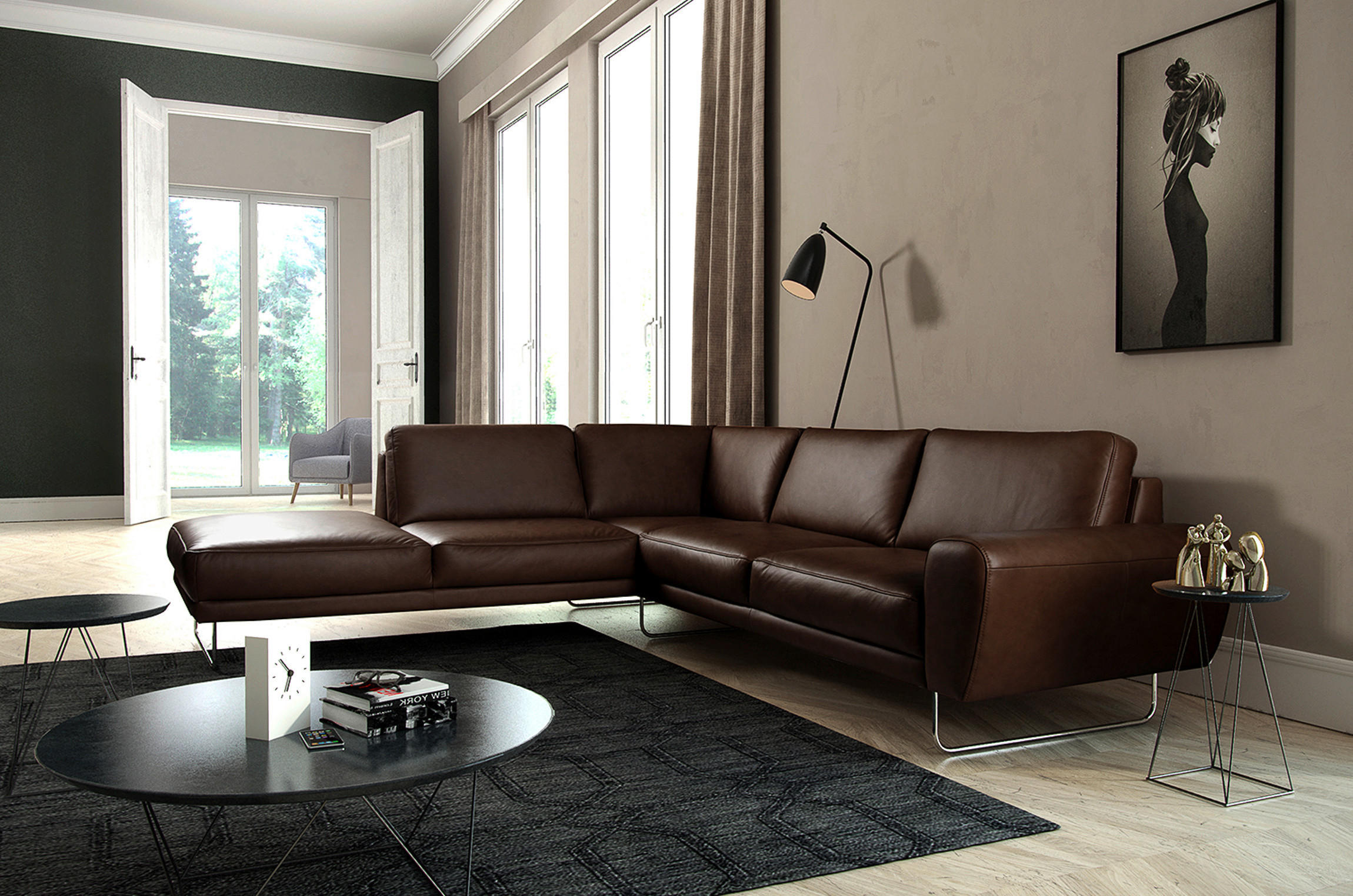 ECKSOFA in Echtleder Dunkelbraun - Chromfarben/Dunkelbraun, Design, Leder/Metall (250/273cm) - Livetastic
