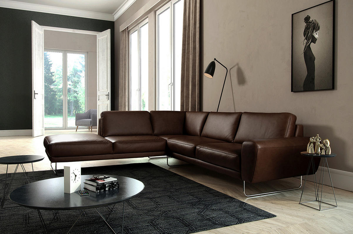 ECKSOFA SPRING Dunkelbraun Echtleder  - Chromfarben/Dunkelbraun, Design, Leder/Metall (250/273cm) - Livetastic
