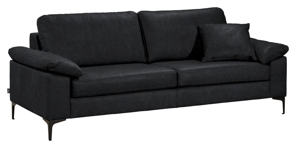 3-SITZER-SOFA  in Echtleder Schwarz   - Schwarz, Design, Leder/Metall (224/86/97cm) - Schöner Wohnen