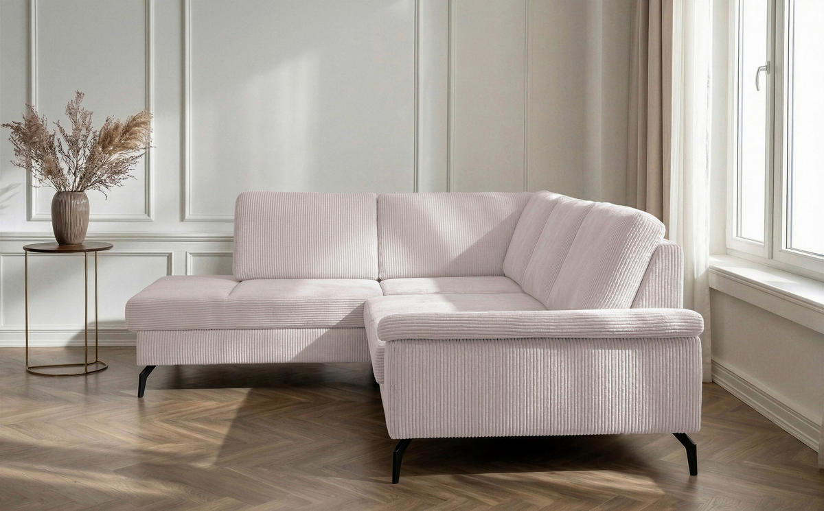 ECKSOFA inkl. Funktionen Creme Velours Bettkasten, Sitzvorzug  - Creme/Schwarz, KONVENTIONELL, Textil/Metall (206/253cm) - Venda