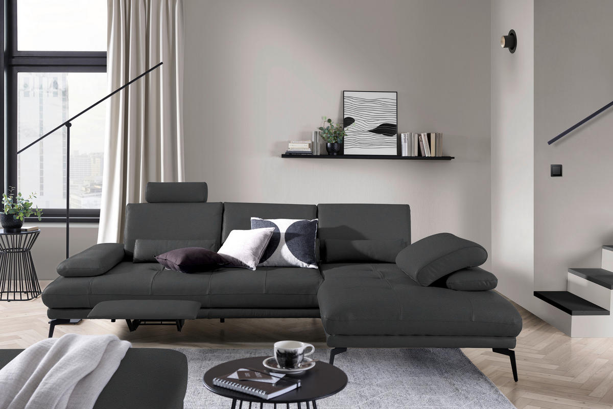 ECKSOFA Echtleder Anthrazit  - Anthrazit/Schwarz, Design, Leder/Metall (273/187cm) - Celina Home