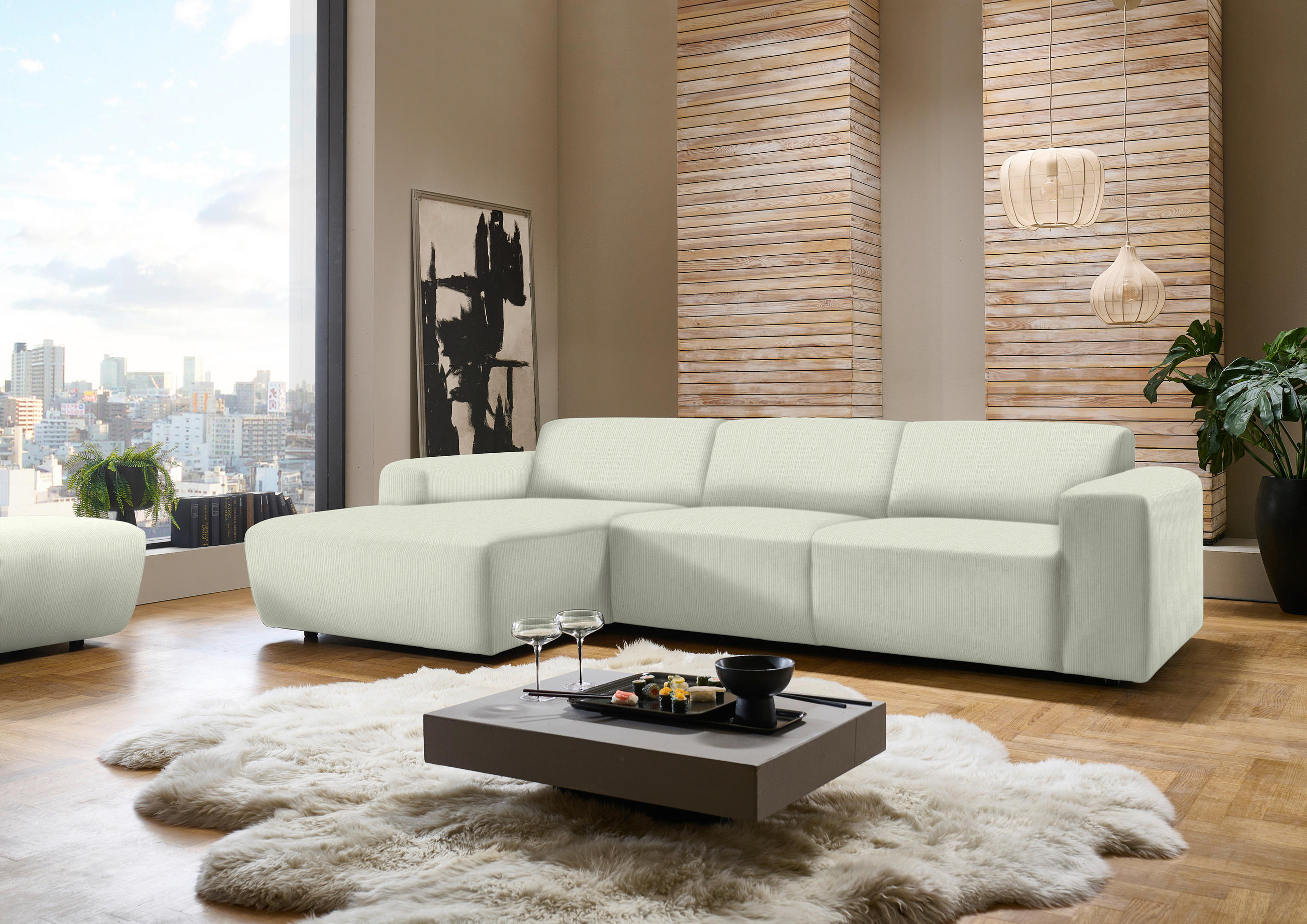 ECKSOFA in Feincord Creme  - Creme/Schwarz, Design, Kunststoff/Textil (174/302cm) - Beldomo Style