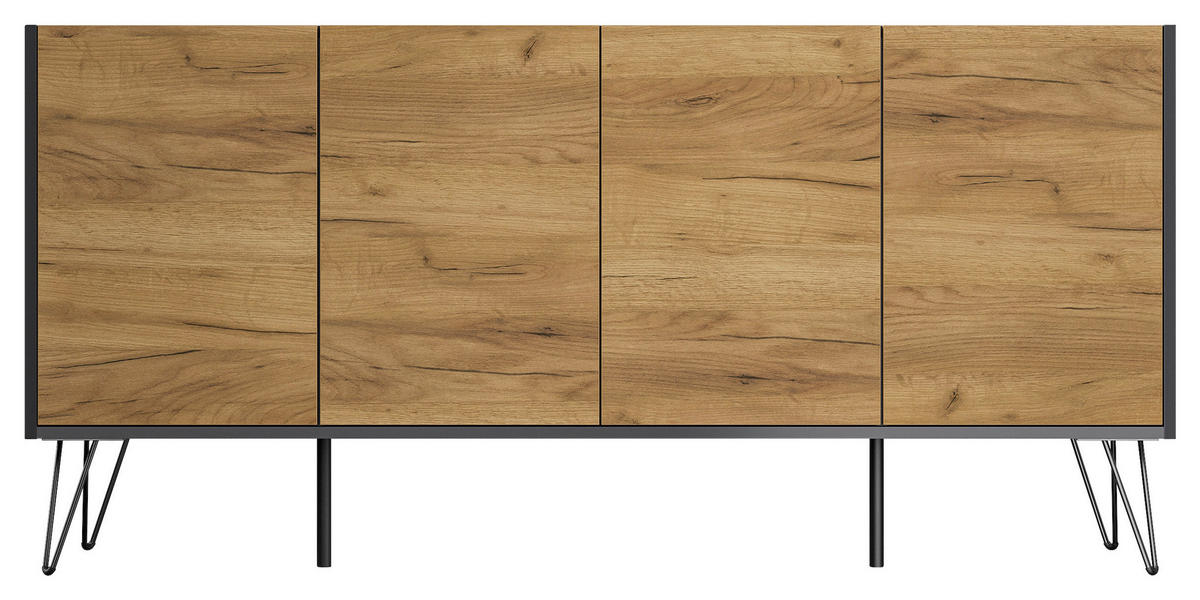 SIDEBOARD Posseik Industrial  in 155/75,8/42 cm  - Eichefarben/Graphitfarben, Design, Holzwerkstoff/Metall (155/75,8/42cm) - P & B