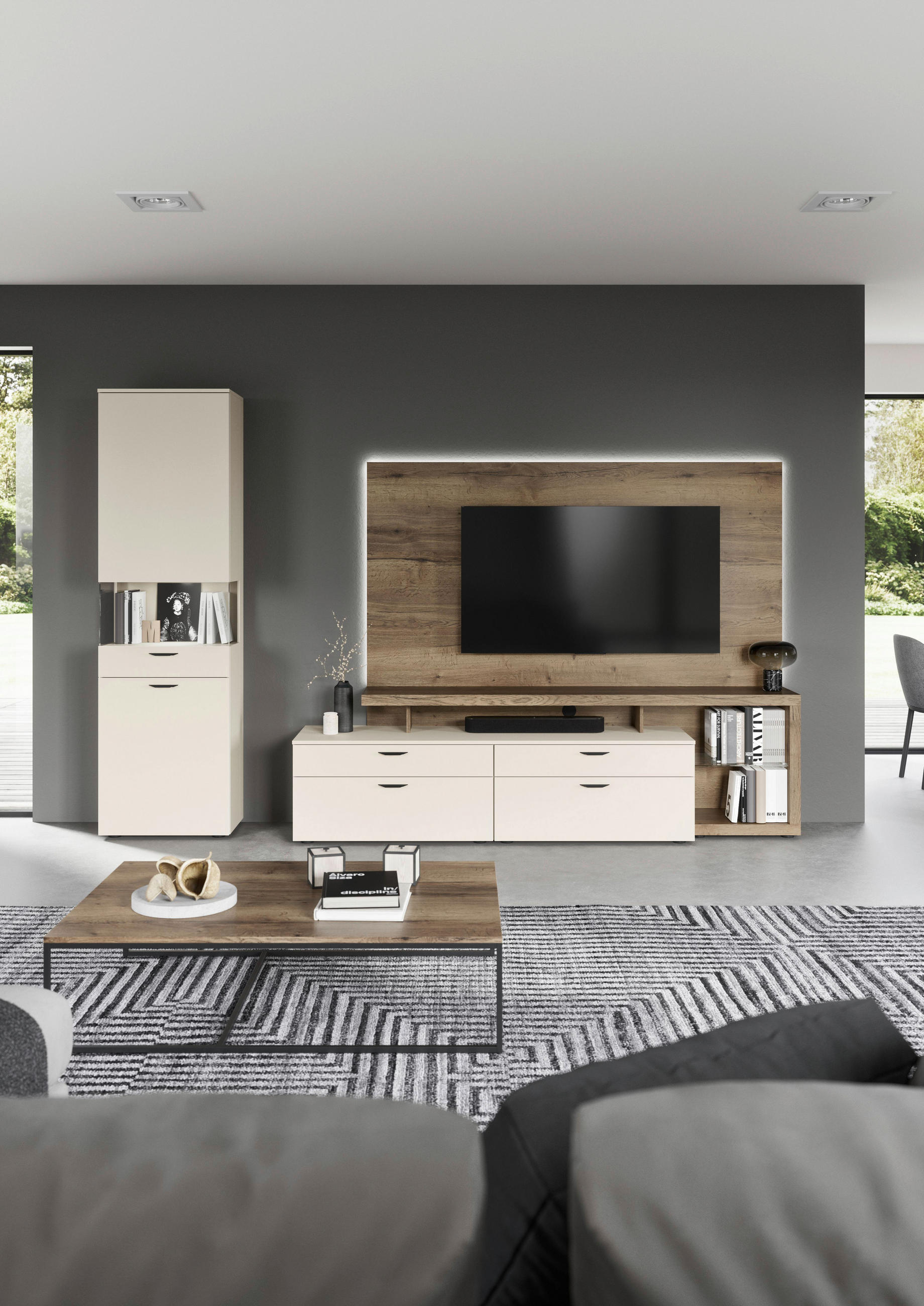 WOHNWAND  in Eichefarben, Sandfarben  300/205,2/58,5 cm  - Sandfarben/Eichefarben, Design, Glas/Holzwerkstoff (300/205,2/58,5cm) - Celina Home