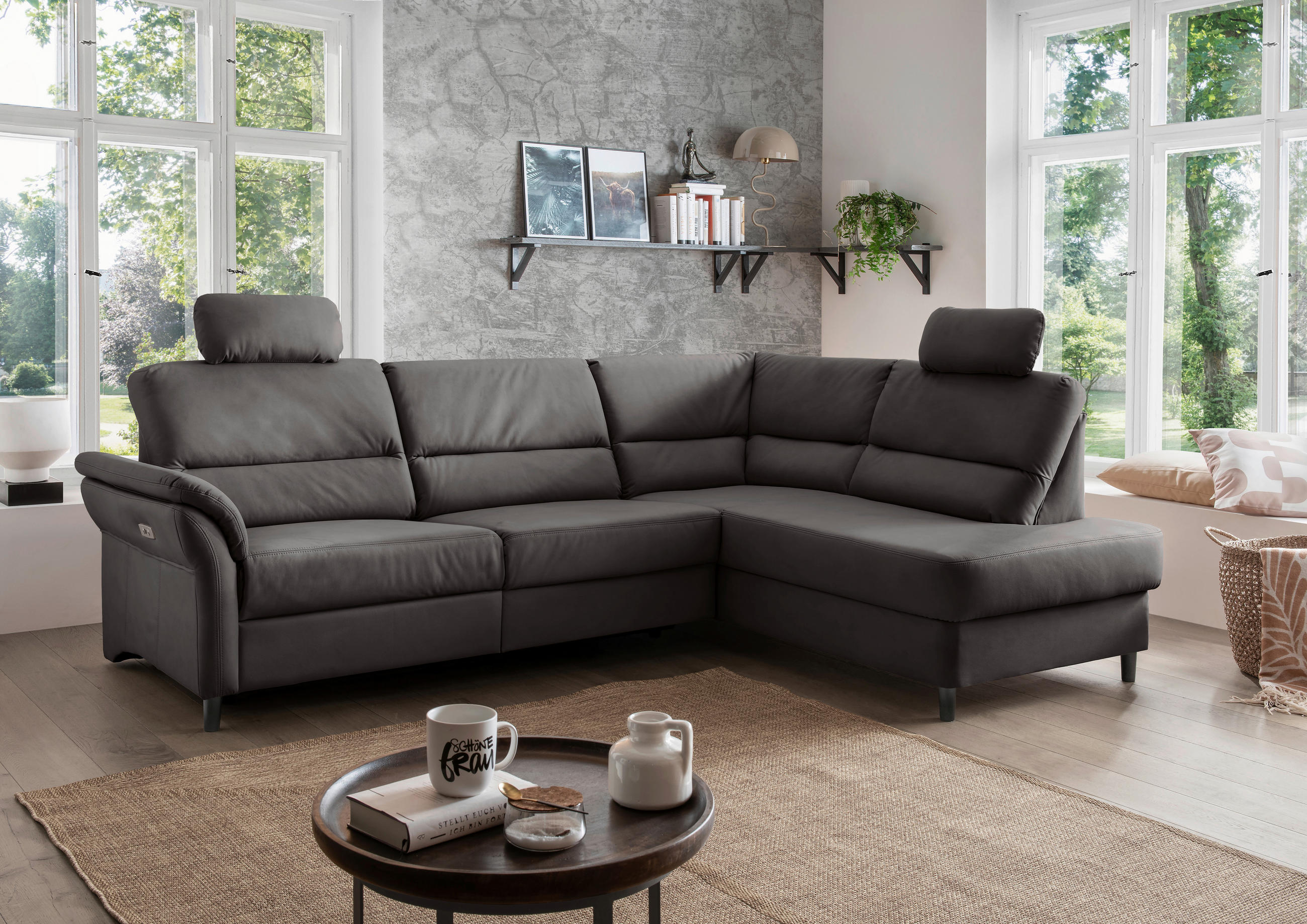 ECKSOFA in Lederlook Anthrazit  - Anthrazit/Schwarz, Modern, Holz/Textil (266/190cm) - Livetastic