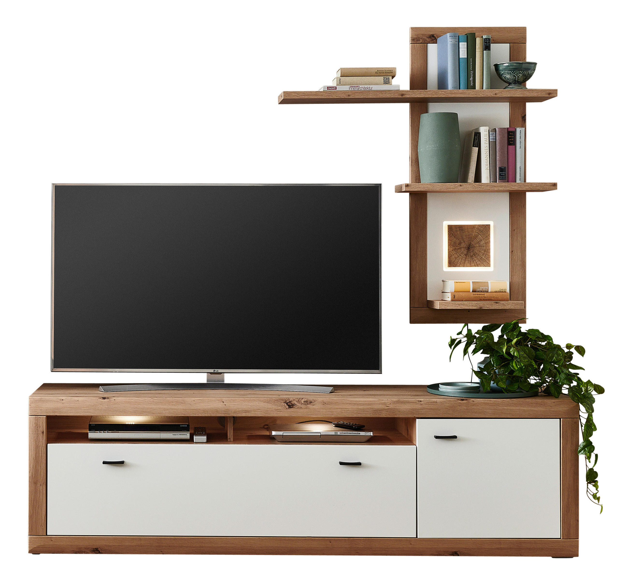 Thumbnail - Stylife Wohnwand, Weiß, Eiche Artisan, Metall, 2 Fächer, 1 Schubladen, 202.5x185.9x50.1 cm, Typenauswahl, Beimöbel erhäl...