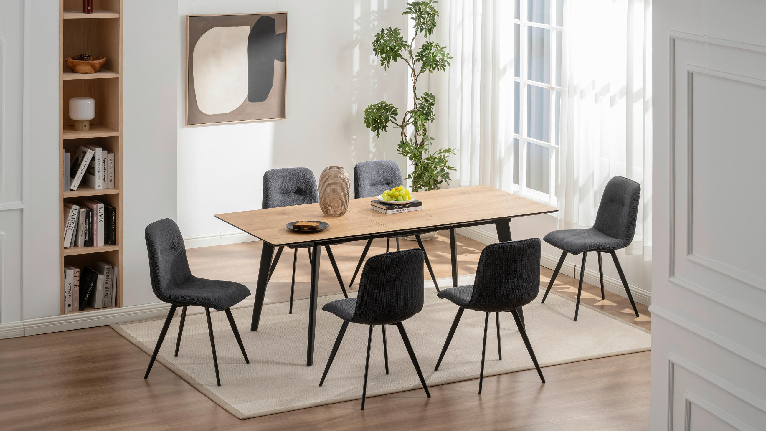 TISCHGRUPPE Holz, Metall, Textil, Holzwerkstoff Schwarz, Eichefarben  - Eichefarben/Schwarz, Basics, Holz/Holzwerkstoff (46/160-200/89/76/55/90cm) - Livetastic