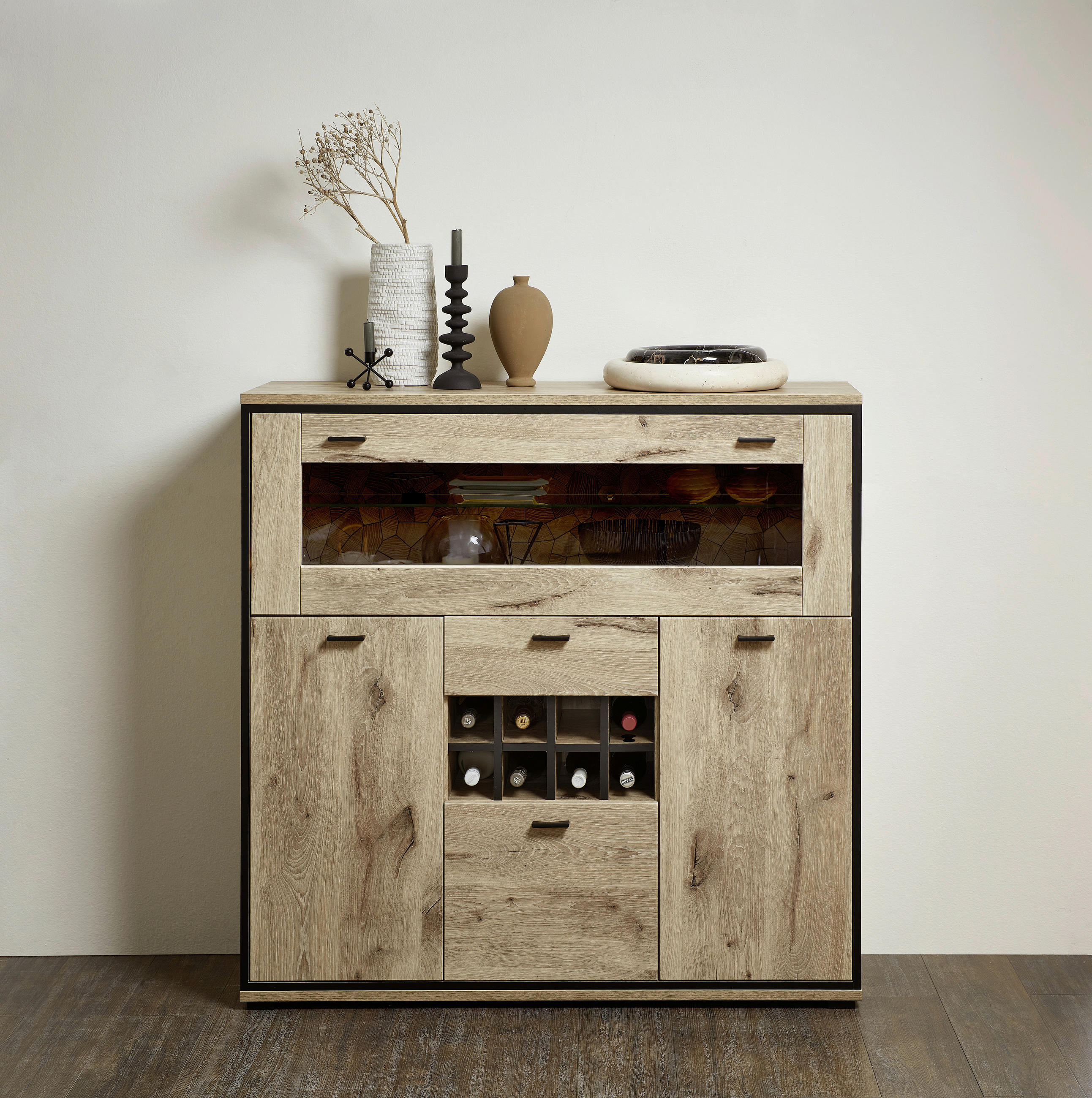 HIGHBOARD Schwarz, Eichefarben Einlegeböden  - Eichefarben/Schwarz, KONVENTIONELL, Glas/Holzwerkstoff (125/125/40cm) - Livetastic