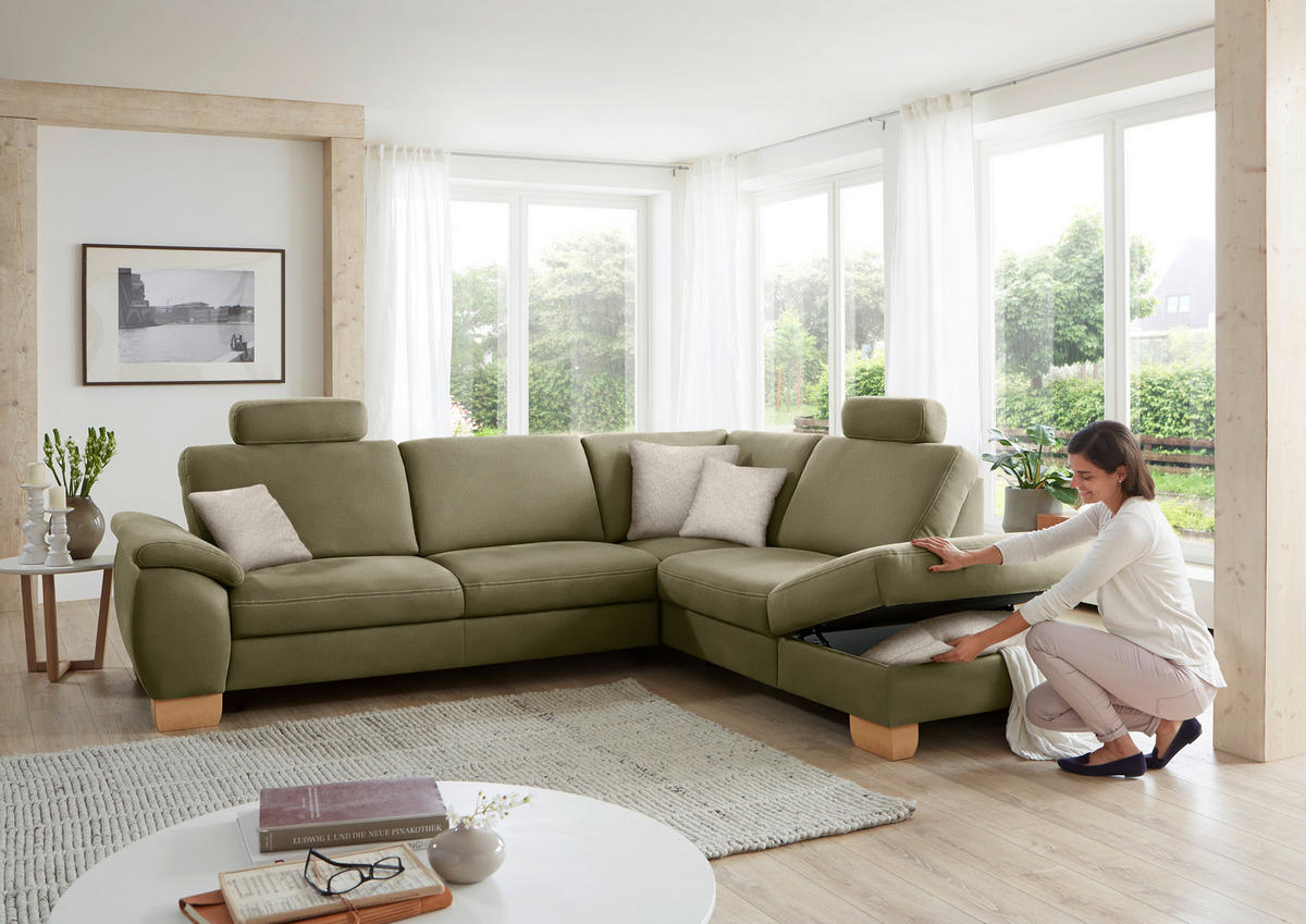 ECKSOFA in Mikrofaser Hellgrün  - Wildeiche/Beige, Natur, Holz/Textil (286/236cm) - Voleo