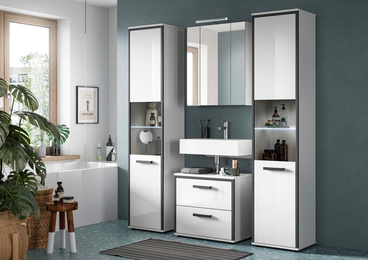 BADEZIMMER 4-teilig  in 140 cm  - Weiß Hochglanz/Schwarz, MODERN, Holzwerkstoff/Kunststoff (140cm) - MID.YOU