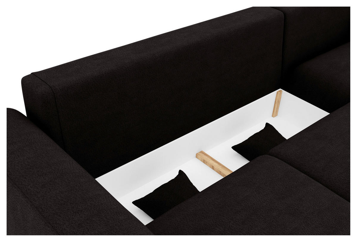 ECKSOFA Dunkelbraun Lederlook Zierkissen, Rückenkissen, Bettkasten, Schlaffunktion, Rücken echt, Liegefläche im Originalstoff  - Chromfarben/Dunkelbraun, KONVENTIONELL, Kunststoff/Textil (293/195cm) - Carryhome