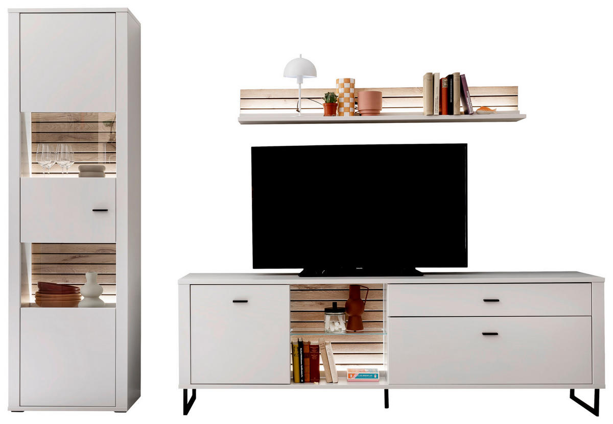 WOHNWAND  in Weiss, Eichefarben 287/206/44 cm  - Weiss/Eichefarben, Design, Glas/Holzwerkstoff (287/206/44cm) - Stylife
