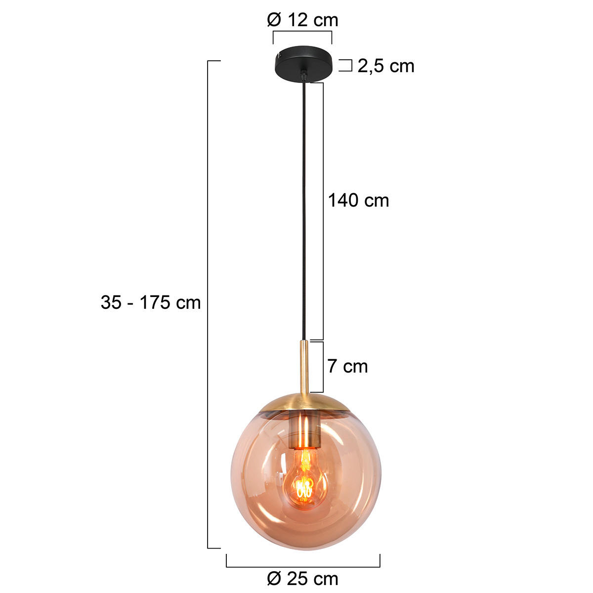 PENDELLEUCHTE Bollique 25/35-175 cm   - Messingfarben/Schwarz, KONVENTIONELL, Glas/Metall (25/35-175cm)