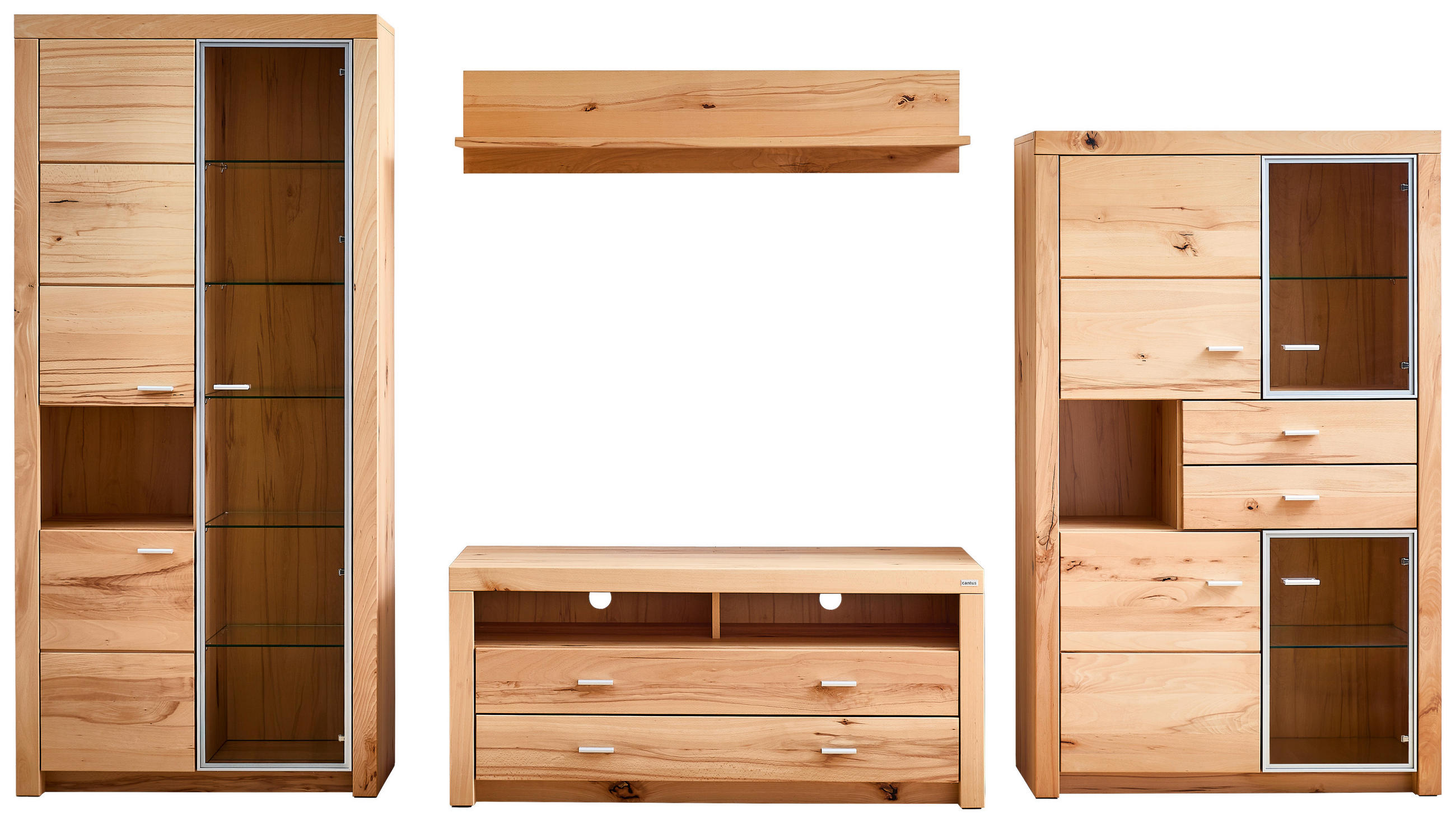 WOHNWAND  in Buchefarben  322/196/50 cm  - Buchefarben/Alufarben, KONVENTIONELL, Glas/Holz (322/196/50cm) - Cantus