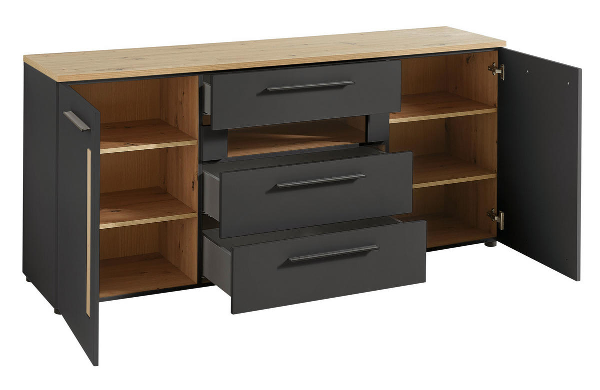 KOMODA, barve hrasta, barve grafita  - črna/barve hrasta, Moderno, umetna masa/leseni material (180/81/44cm) - Hom`in