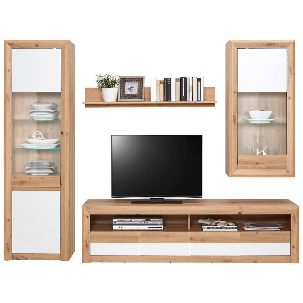 Wohnkombination 4 -teilig. Mit Led Kashmir New 4 Eiche Dekor/weiß