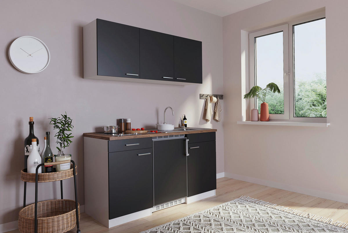 MINIKÜCHE 150 cm   in Schwarz  - Weiss/Edelstahlfarben, Basics, Holzwerkstoff/Kunststoff (150cm) - Respekta