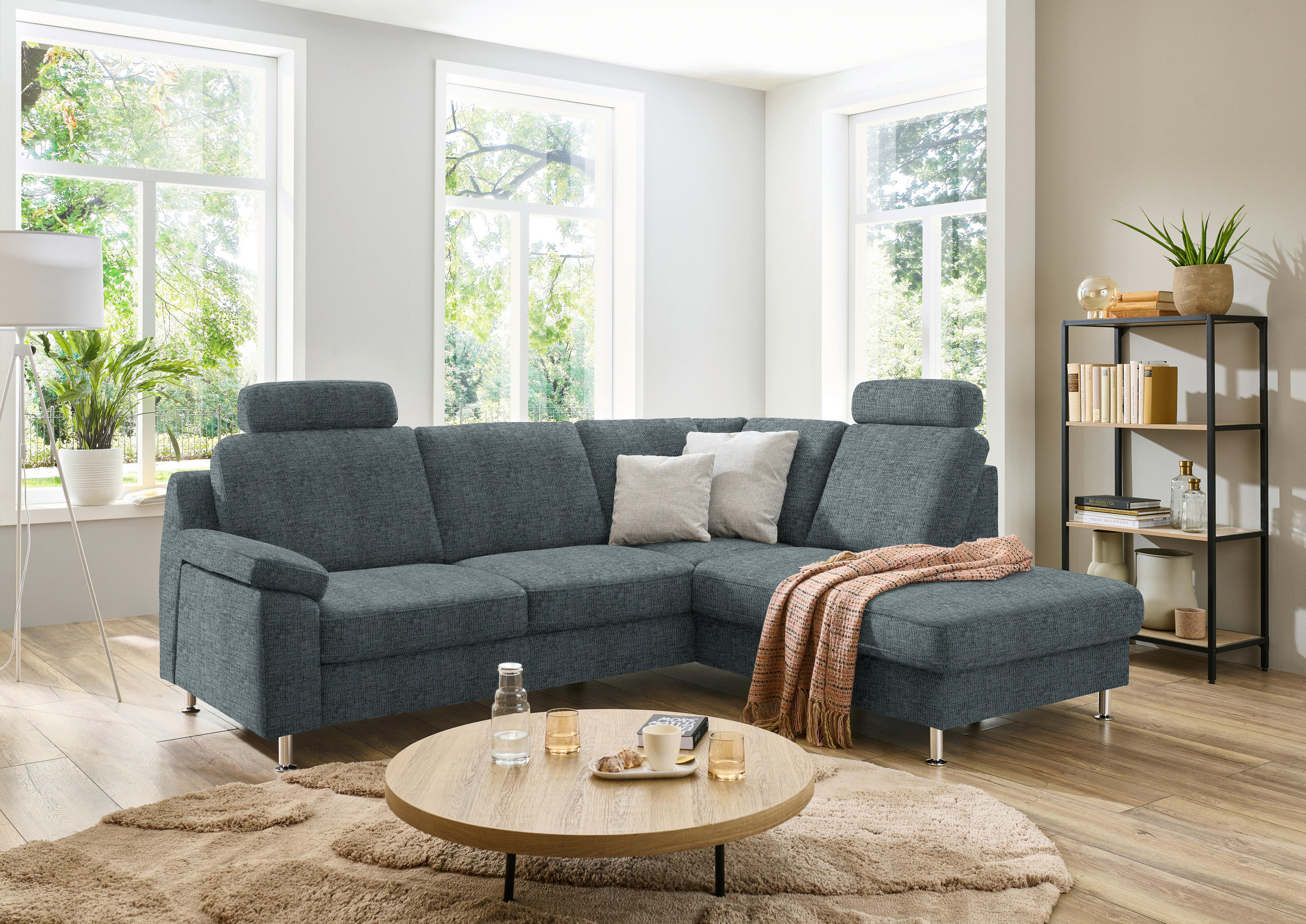 ECKSOFA in Webstoff Blaugrau  - Blaugrau/Alufarben, Konventionell, Textil/Metall (241/200cm) - Beldomo System