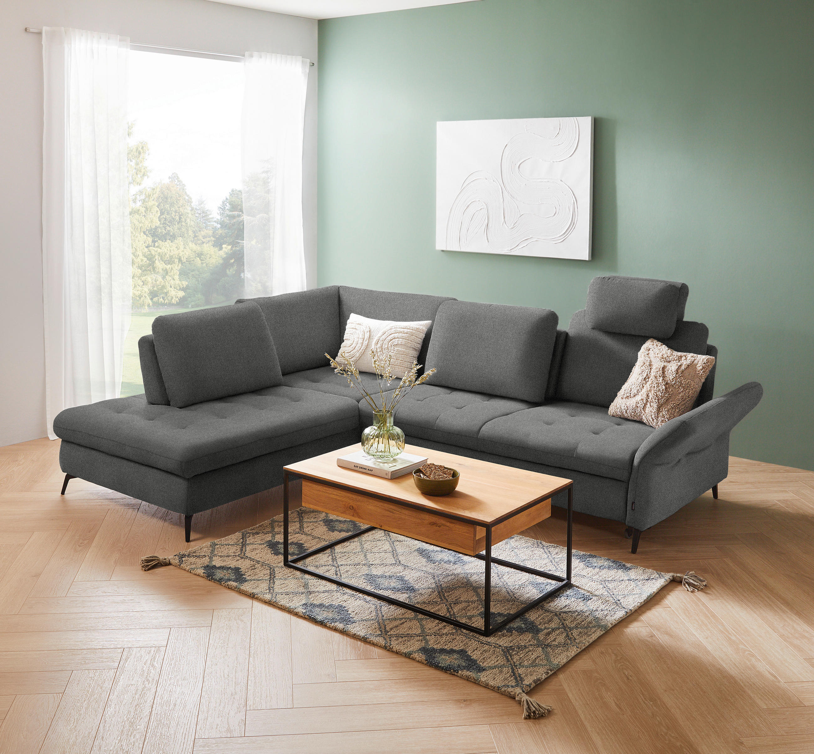 ECKSOFA Grau Flachgewebe  - Schwarz/Grau, Natur, Textil/Metall (233/288cm) - Valnatura