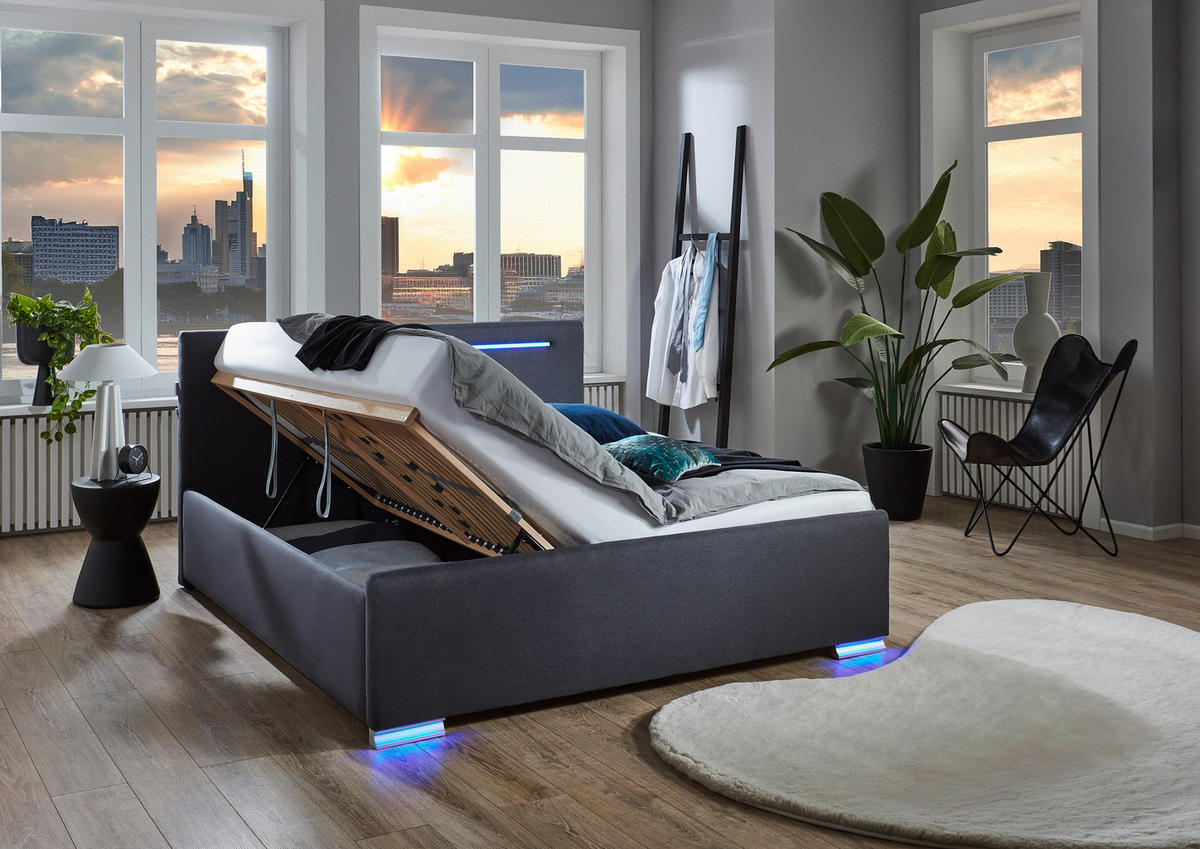 POLSTERBETT 180/200 cm,  in Anthrazit, Beleuchtung, Lattenrost, Bettkasten,  - Birkefarben/Anthrazit, Design, Holz/Kunststoff (180/200cm) - Boxxx