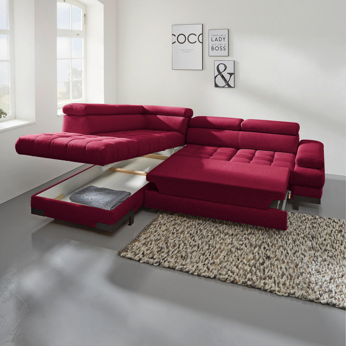 ECKSOFA in Webstoff Rot  - Rot/Schwarz, Design, Textil/Metall (223/263cm) - Welnova