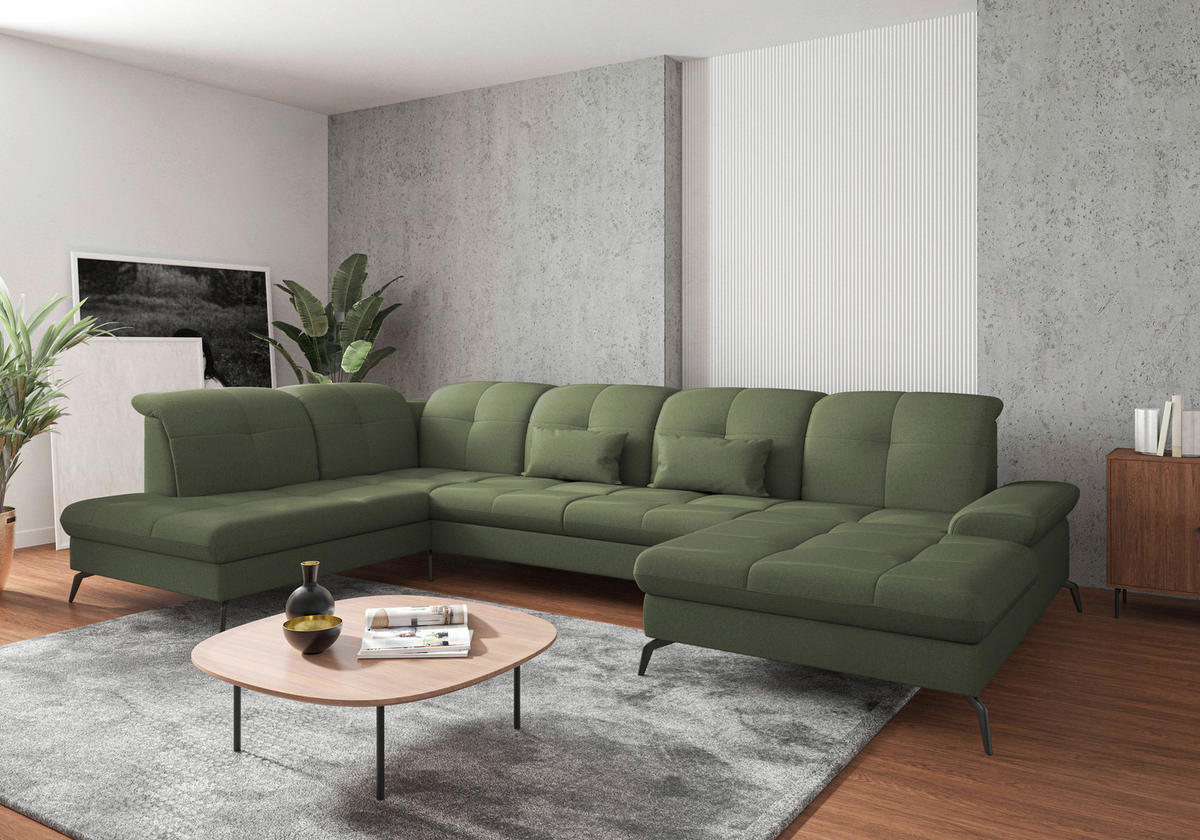 WOHNLANDSCHAFT Olivgrün Flachgewebe  - Schwarz/Olivgrün, KONVENTIONELL, Textil/Metall (231/357/185cm) - Sit & More